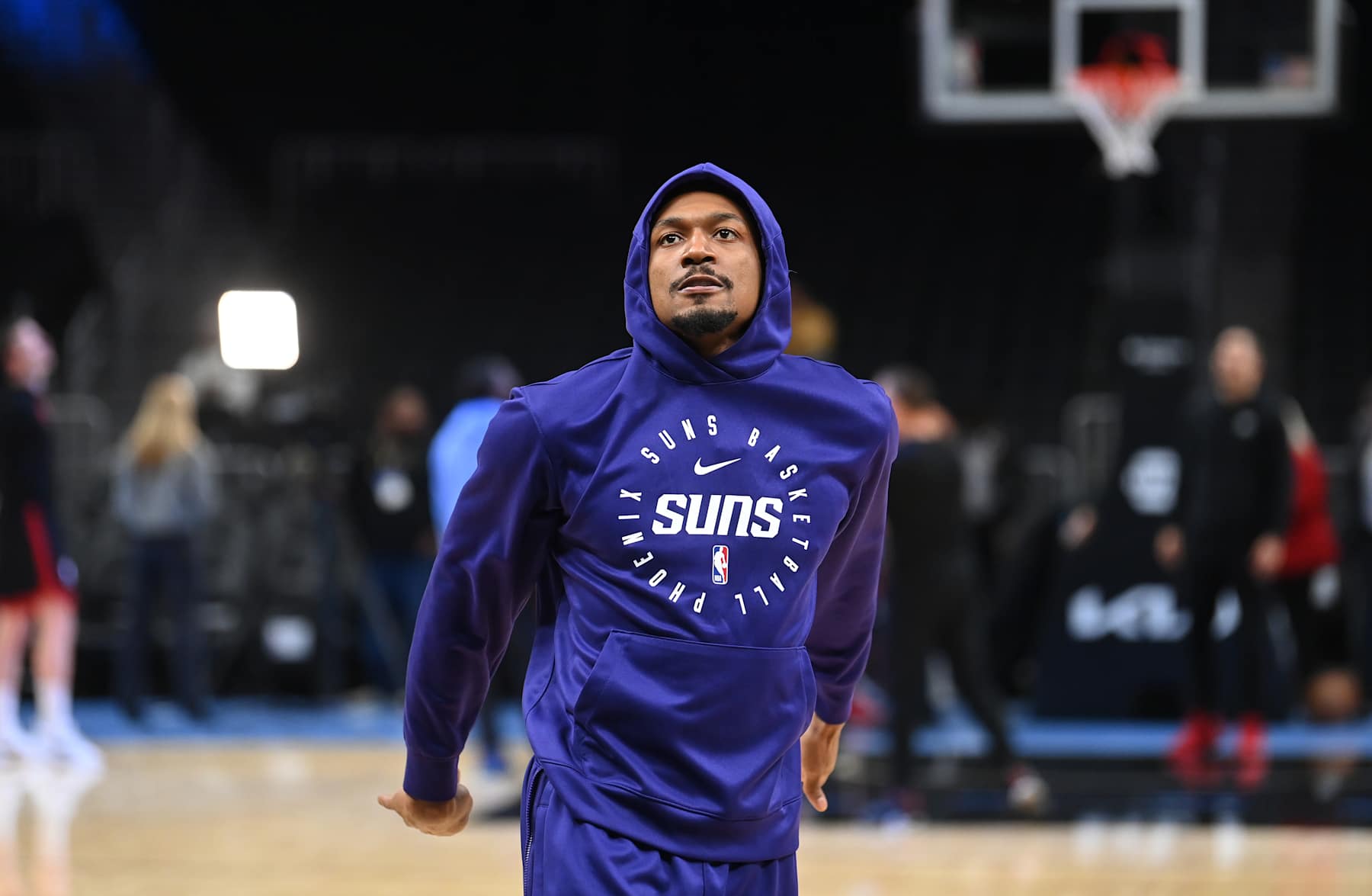 ATLANTA, GEORGIA - JANUARY 14: Bradley Beal #3 of the Phoenix Suns warms up before the game against the Atlanta Hawks at State Farm Arena on January 14, 2025 in Atlanta, Georgia. NOTE TO USER: User expressly acknowledges and agrees that, by downloading and or using this photograph, User is consenting to the terms and conditions of the Getty Images License Agreement.  (Photo by Paras Griffin/Getty Images)