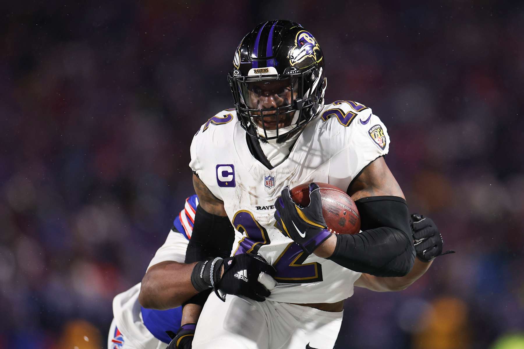 ORCHARD PARK, NEW YORK - JANUARY 19: Derrick Henry #22 of the Baltimore Ravens runs with the football during the third quarter in the AFC Divisional Playoff against the Buffalo Bills at Highmark Stadium on January 19, 2025 in Orchard Park, New York. (Photo by Kathryn Riley/Getty Images)
