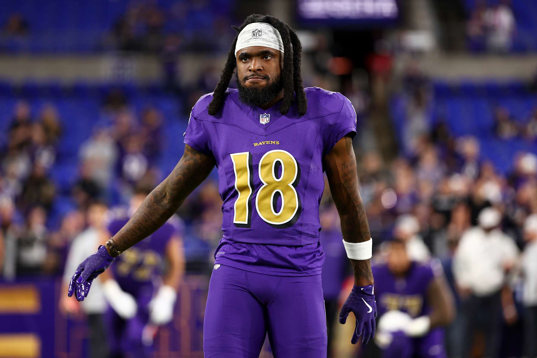 BALTIMORE, MARYLAND - NOVEMBER 7: Diontae Johnson #18 of the Baltimore Ravens warms up prior to an NFL football game against the Cincinnati Bengals at M&T Bank Stadium on November 7, 2024 in Baltimore, Maryland. (Photo by Kevin Sabitus/Getty Images)