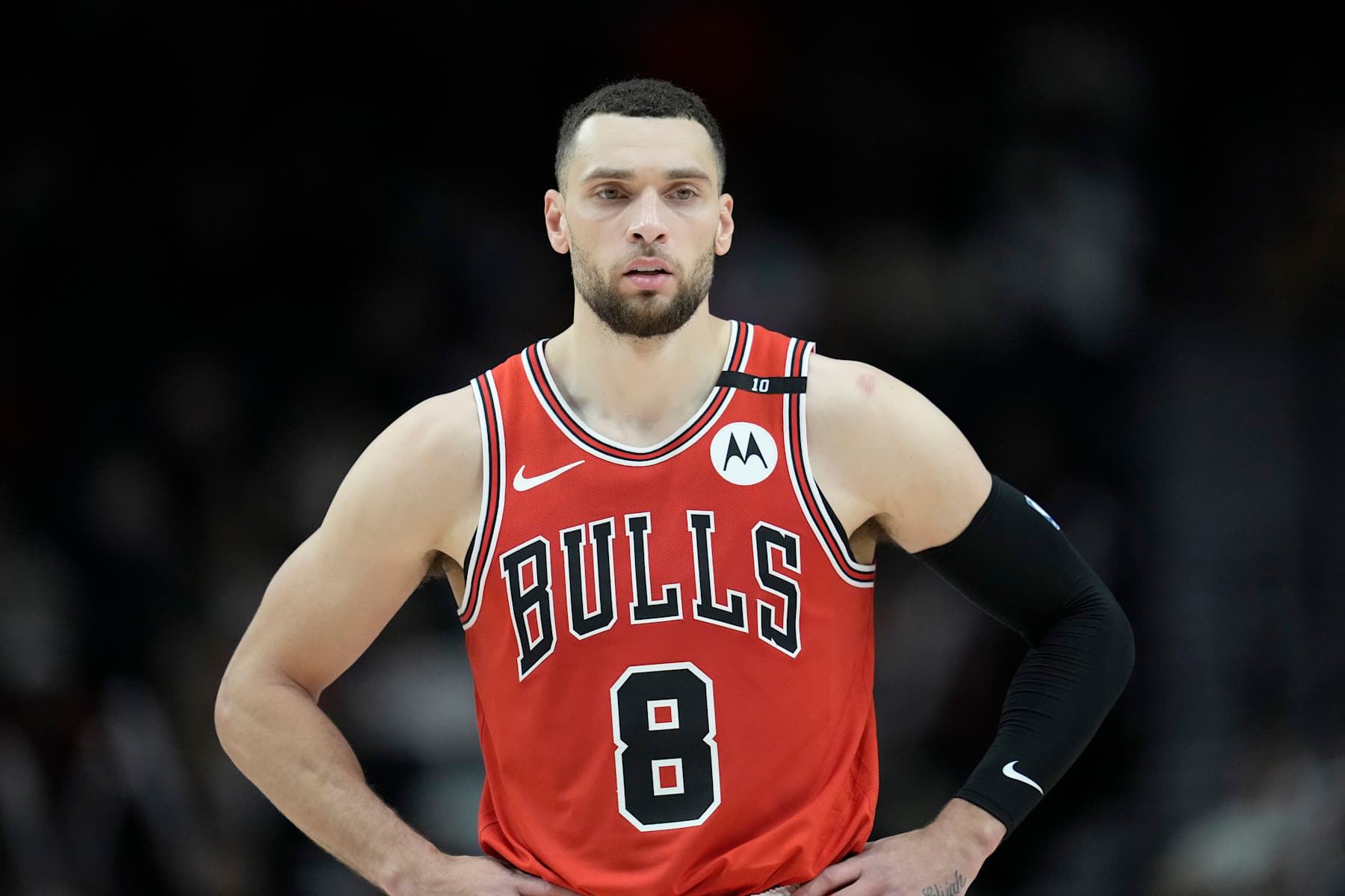 PORTLAND, OREGON - JANUARY 19: Zach LaVine #8 of the Chicago Bulls looks on during the second half against the Portland Trail Blazers at Moda Center on January 19, 2025 in Portland, Oregon. NOTE TO USER: User expressly acknowledges and agrees that, by downloading and or using this photograph, User is consenting to the terms and conditions of the Getty Images License Agreement. (Photo by Soobum Im/Getty Images)