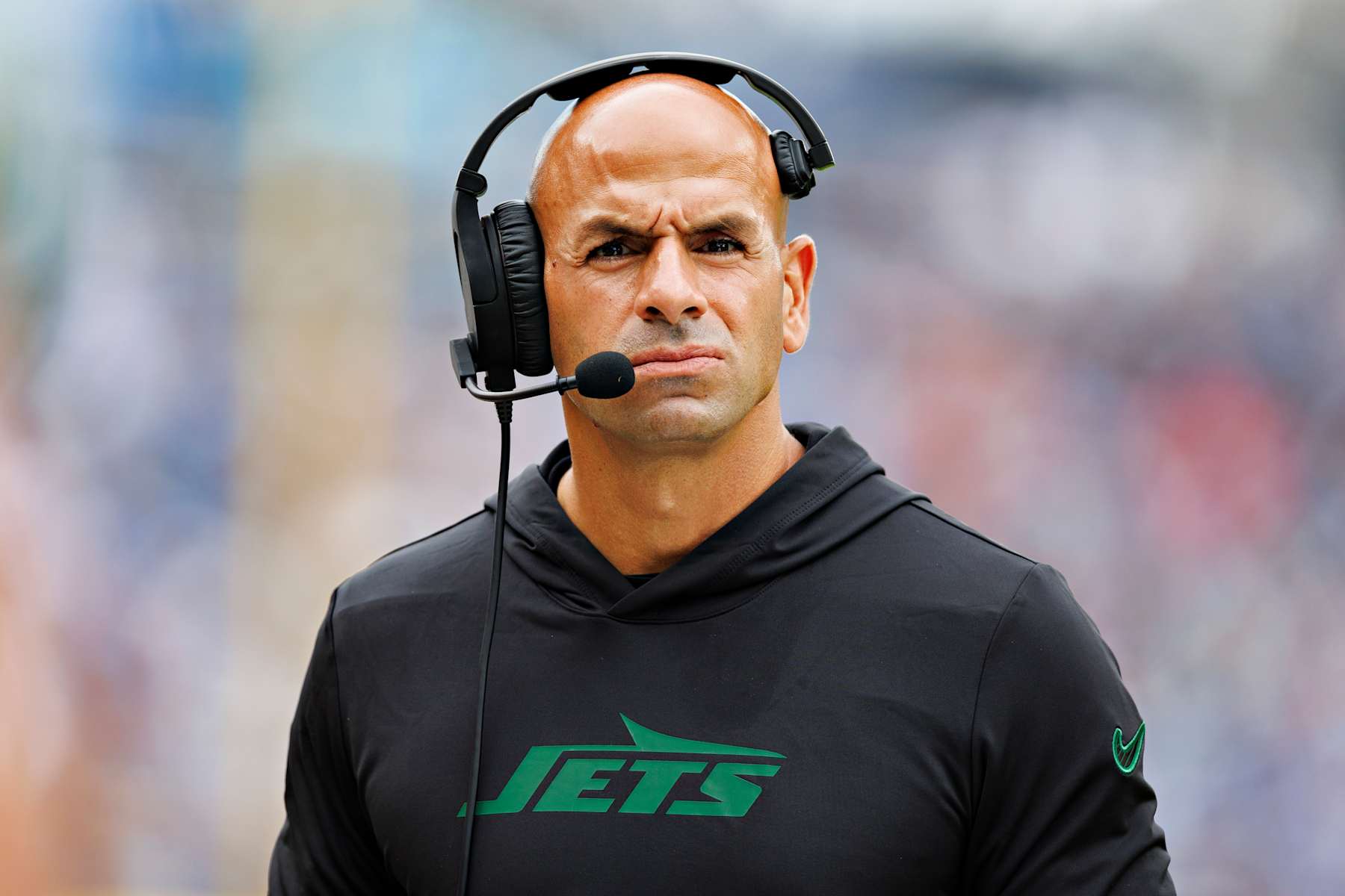 NASHVILLE, TENNESSEE - SEPTEMBER 15: Head Coach Robert Saleh of the New York Jets on the field during a game against the Tennessee Titans at Nissan Stadium on September 15, 2024 in Nashville, Tennessee. The Jets defeated the Titans 24-17. (Photo by Wesley Hitt/Getty Images)