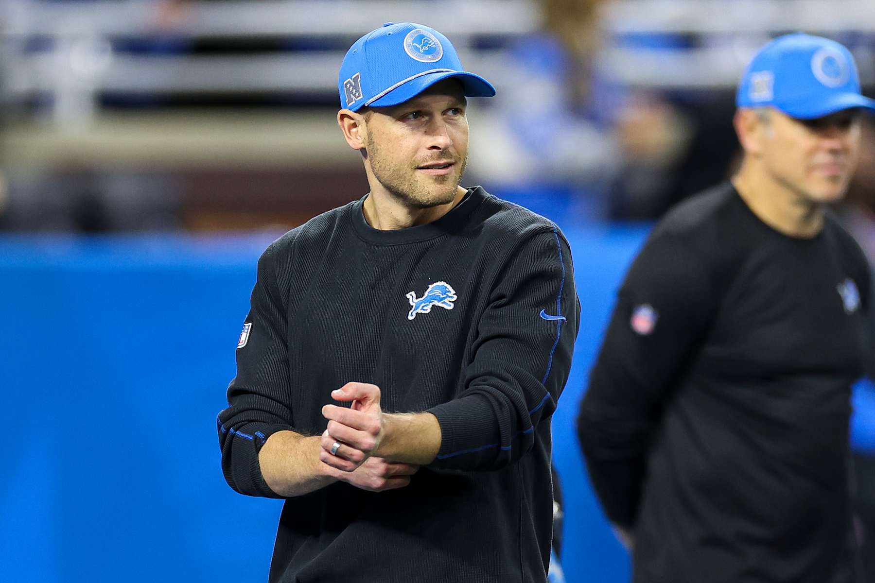 DETROIT, MICHIGAN - NOVEMBER 28: Offensive coordinator Ben Johnson of the Detroit Lions looks on before a game against the Chicago Bears at Ford Field on November 28, 2024 in Detroit, Michigan. (Photo by Mike Mulholland/Getty Images)