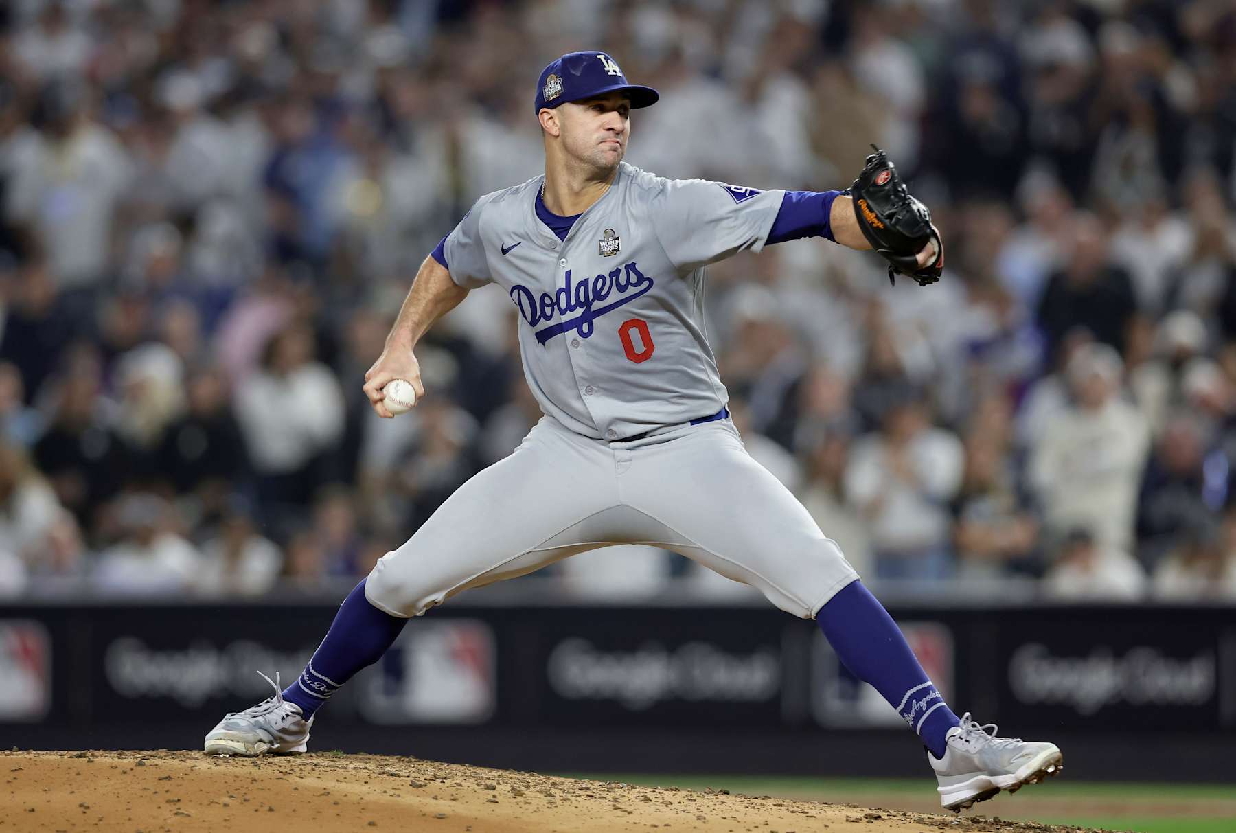 NEW YORK, NEW YORK - OCTOBER 30: (NEW YORK DAILIES OUT) Jack Flaherty #0 of the Los Angeles Dodgers in action against the New York Yankees during Game Five of the 2024 World Series at Yankee Stadium on October 30, 2024 in New York City. The Dodgers defeated the Yankees 7-6. (Photo by Jim McIsaac/Getty Images)