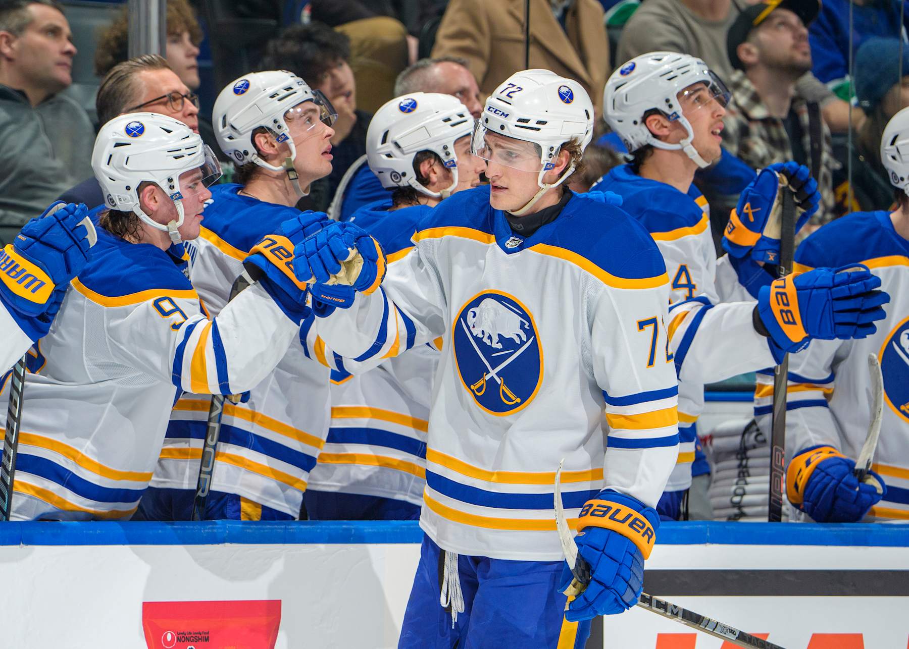 VANCOUVER, CANADA - JANUARY 21: Tage Thompson #72 of the Buffalo Sabres celebrates his goal with teammates during the first period of their NHL game against the Vancouver Canucks at Rogers Arena on January 21, 2025 in Vancouver, British Columbia, Canada. (Photo by Jeff Vinnick/NHLI via Getty Images)