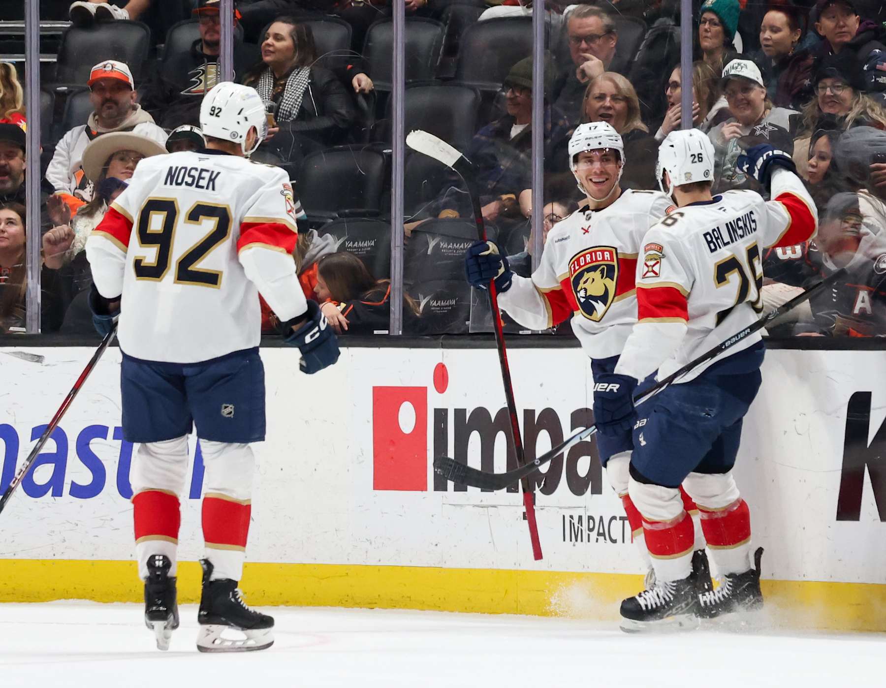ANAHEIM, CA - JANUARY 21: Alex Killorn #17 of the Anaheim Ducks celebrates his goal with teammates during the first period against the Anaheim Ducks at Honda Center on January 21, 2024 in Anaheim, California. (Photo by Debora Robinson/NHLI via Getty Images)