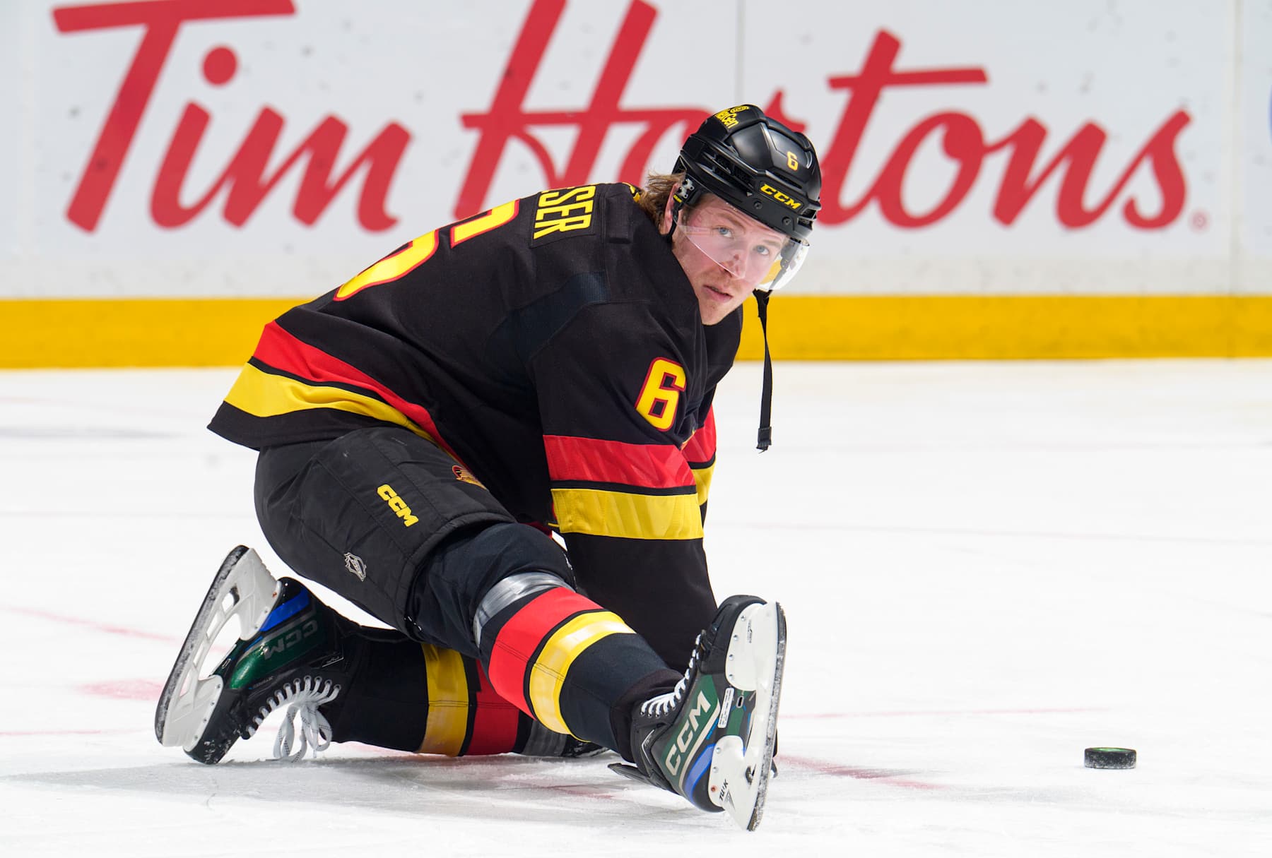 VANCOUVER, CANADA - JANUARY 21: Brock Boeser #6 of the Vancouver Canucks during warmup before their NHL game against the Buffalo Sabres at Rogers Arena on January 21, 2025 in Vancouver, British Columbia, Canada. (Photo by Jeff Vinnick/NHLI via Getty Images)
