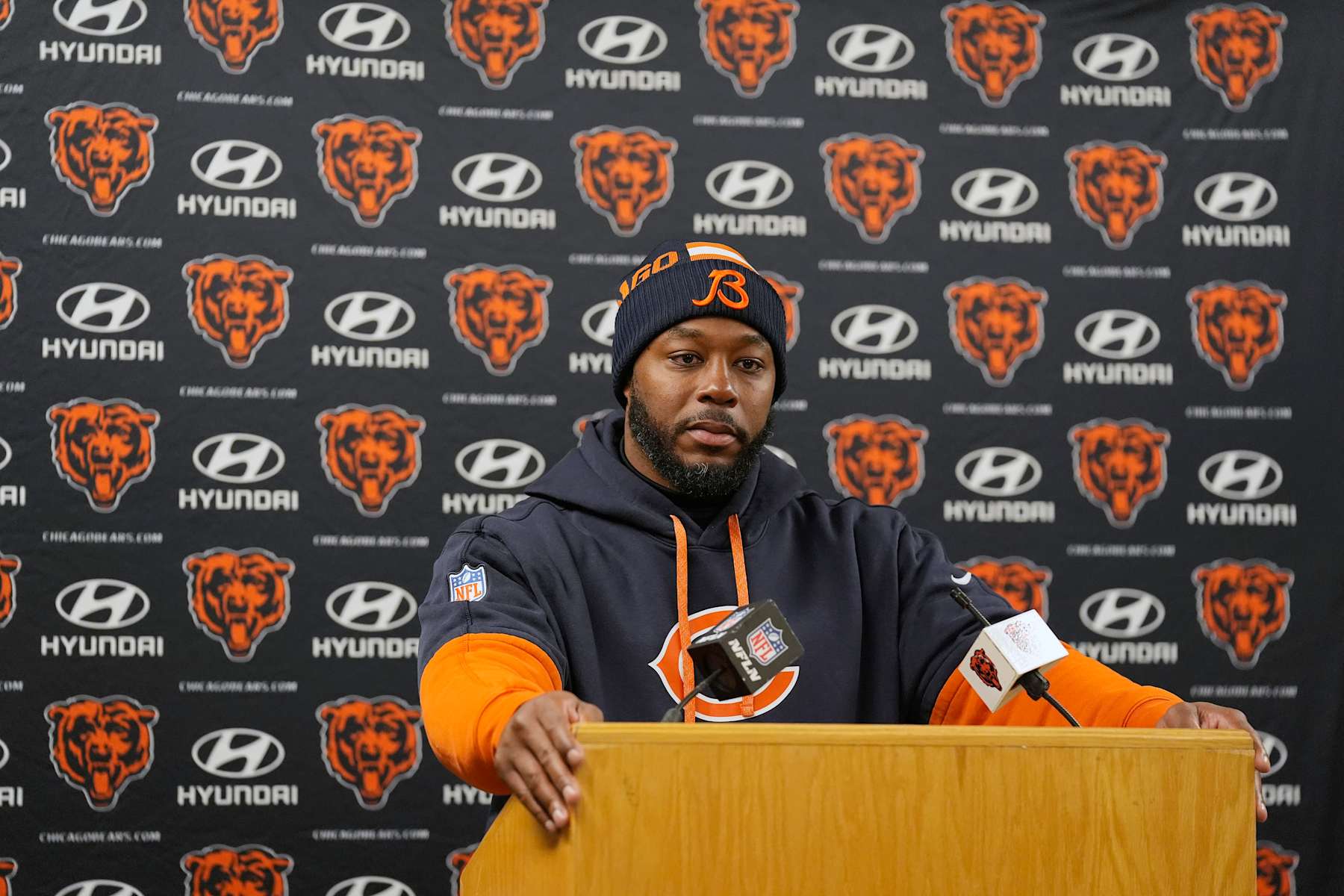 GREEN BAY, WISCONSIN - JANUARY 05: Interim head coach Thomas Brown of the Chicago Bears speaks to the media after defeating the Green Bay Packers 24-22 at Lambeau Field on January 05, 2025 in Green Bay, Wisconsin. (Photo by Patrick McDermott/Getty Images)