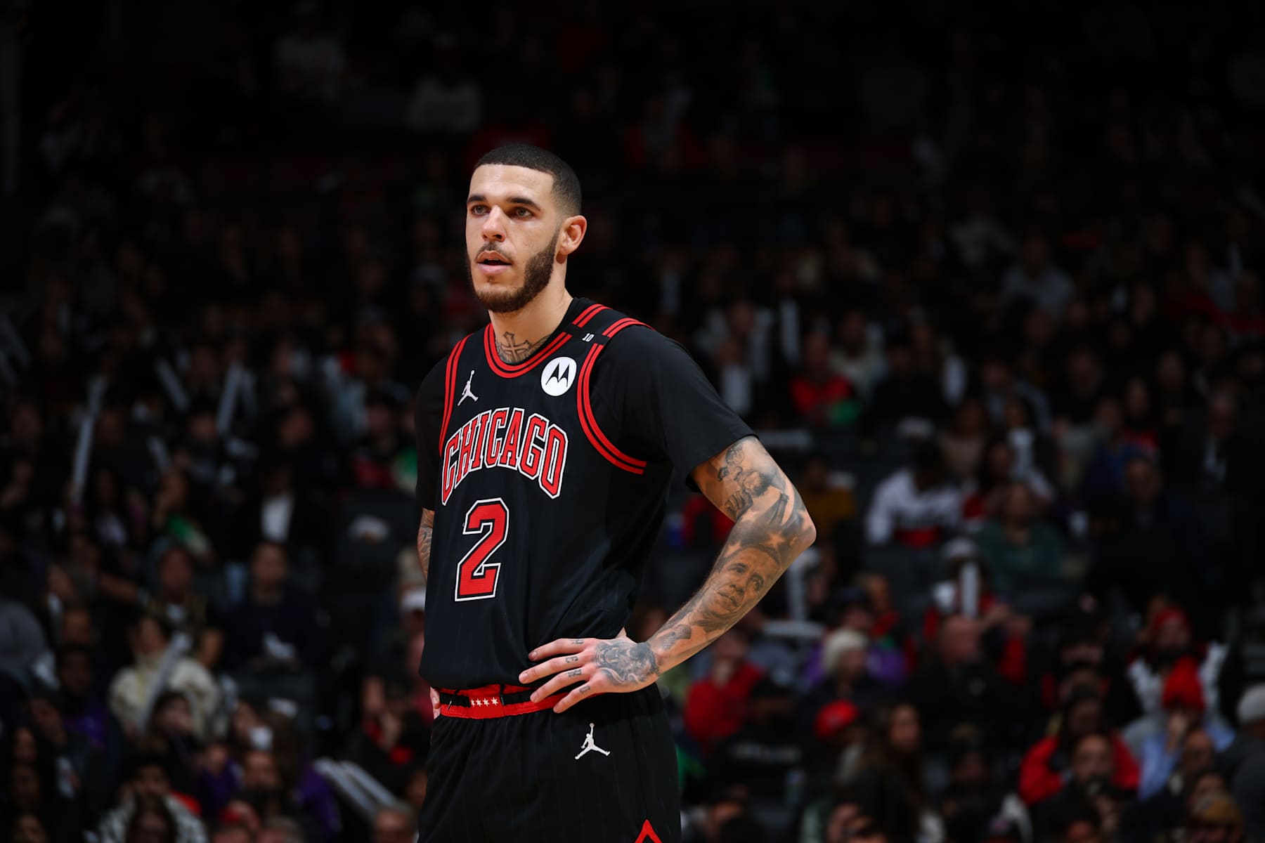 TORONTO, CANADA - DECEMBER 16: Lonzo Ball #2 of the Chicago Bulls looks on during the game against the Toronto Raptors on December 16, 2024 at the Scotiabank Arena in Toronto, Ontario, Canada.  NOTE TO USER: User expressly acknowledges and agrees that, by downloading and or using this Photograph, user is consenting to the terms and conditions of the Getty Images License Agreement.  Mandatory Copyright Notice: Copyright 2024 NBAE (Photo by Vaughn Ridley/NBAE via Getty Images)