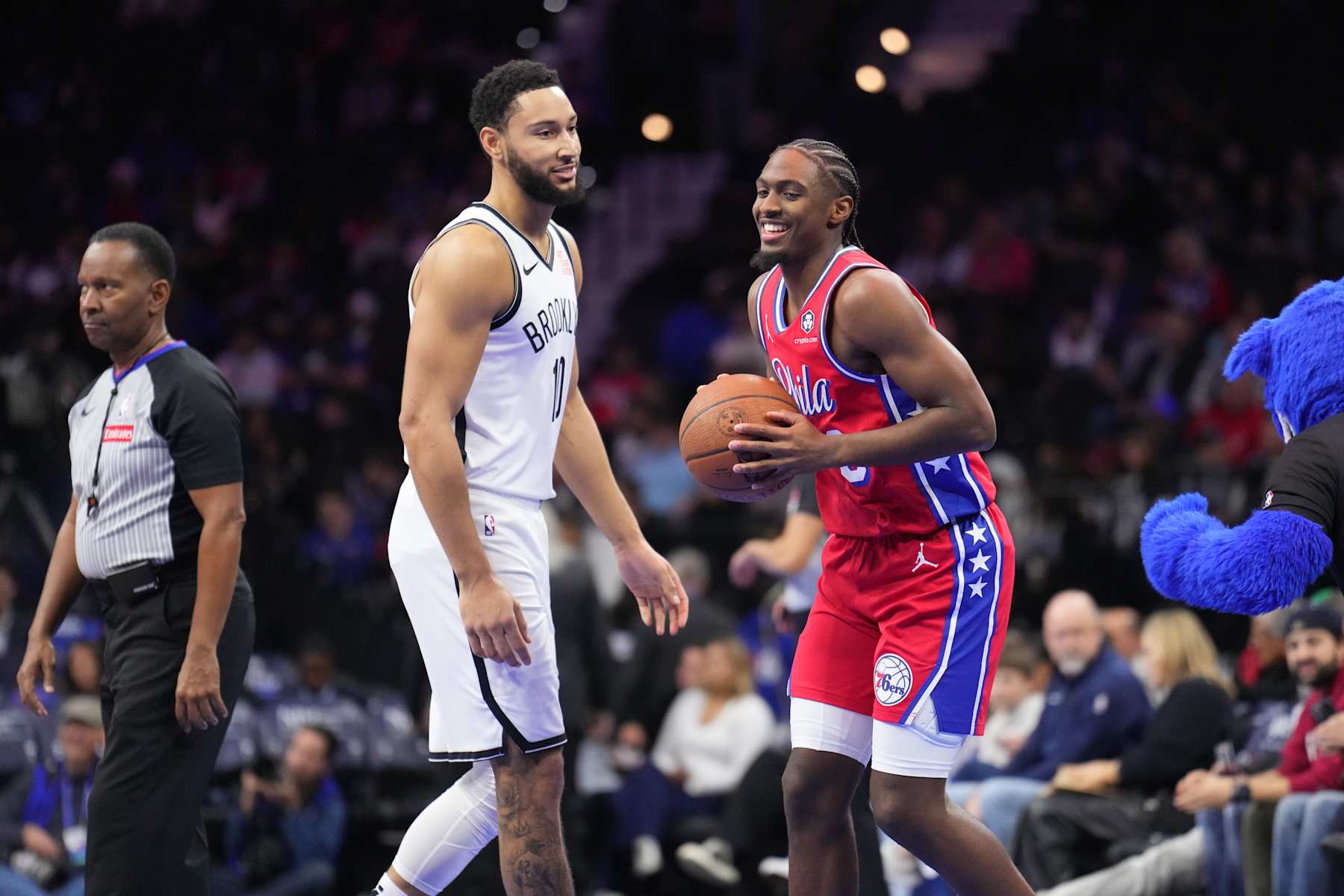 PHILADELPHIA, PA - NOVEMBER 22: Tyrese Maxey #0 of the Philadelphia 76ers and Ben Simmons #10 of the Brooklyn Nets smile before the game during the Emirates NBA Cup game on November 22, 2024 at the Wells Fargo Center in Philadelphia, Pennsylvania NOTE TO USER: User expressly acknowledges and agrees that, by downloading and/or using this Photograph, user is consenting to the terms and conditions of the Getty Images License Agreement. Mandatory Copyright Notice: Copyright 2024 NBAE (Photo by Jesse D. Garrabrant/NBAE via Getty Images)