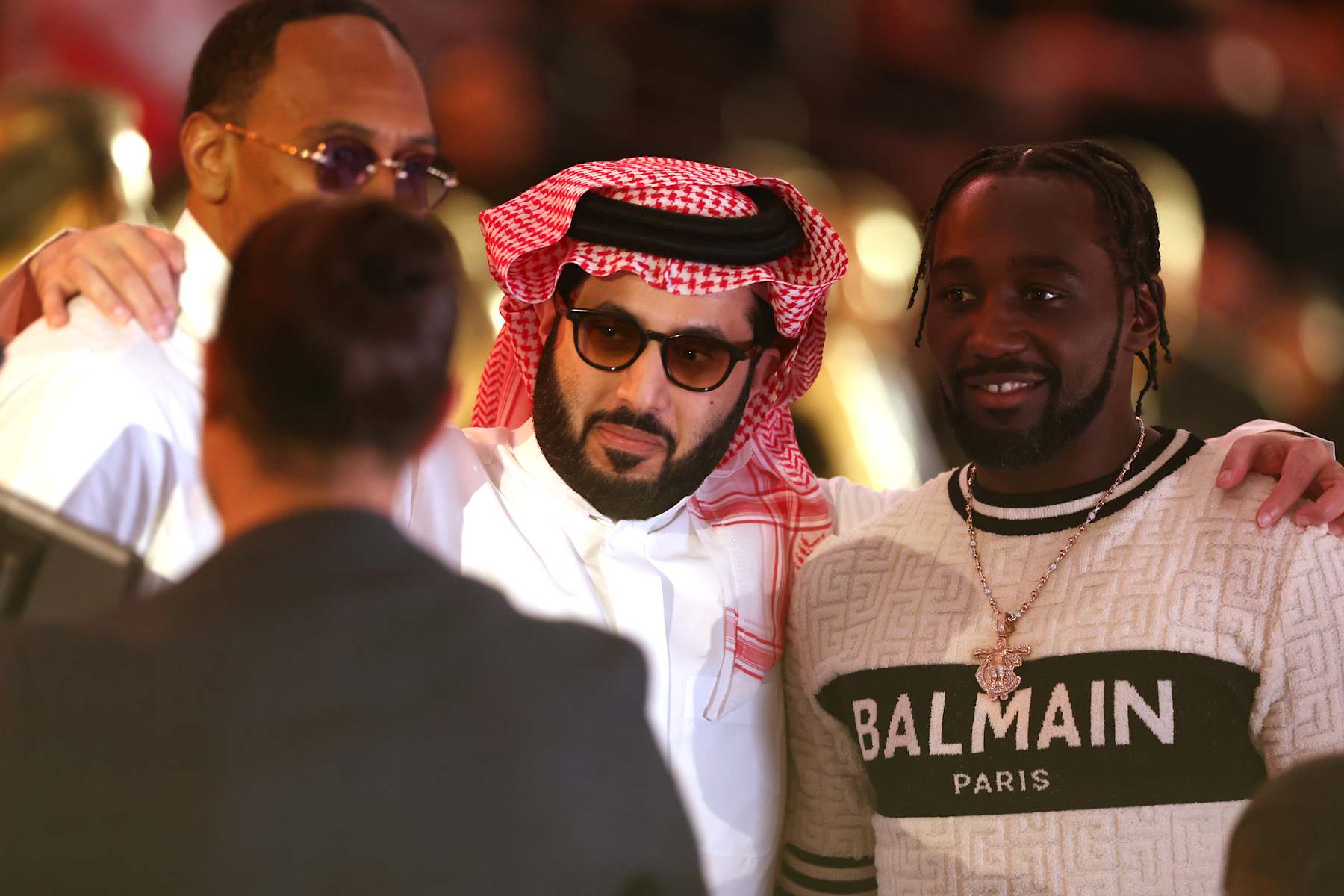 LAS VEGAS, NEVADA - SEPTEMBER 14: (L-R) ESPN commentator Stephen A. Smith, Saudi Arabian adviser Turki Al-AlShaikh, and boxer Terrence Crawford pose during UFC 306: Riyadh Season Noche at Sphere on September 14, 2024 in Las Vegas, Nevada. (Photo by Christian Petersen/Getty Images)