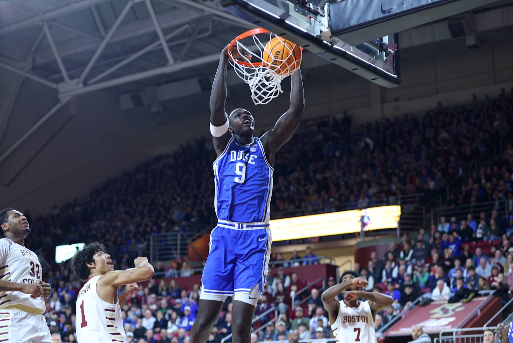 CHESTNUT HILL, MA - JANUARY 18: Duke Blue Devils center Khaman Maluach (9) dunks during the college basketball game between Duke Blue Devils and Boston College Eagles on January 18, 2025, at Conte Forum in Chestnut Hill, MA. (Photo by M. Anthony Nesmith/Icon Sportswire via Getty Images)