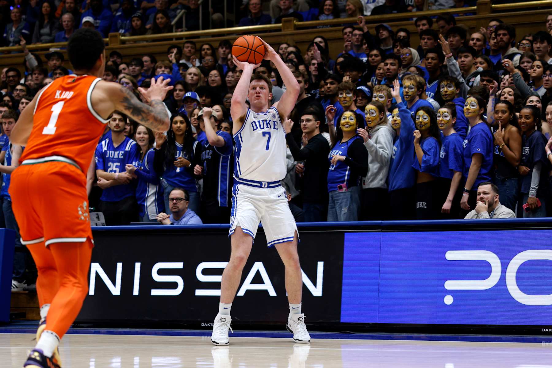 DURHAM, NORTH CAROLINA - JANUARY 14: Kon Knueppel #7 of the Duke Blue Devils puts up a three-point shot against the Miami Hurricanes during the first half at Cameron Indoor Stadium on January 14, 2025 in Durham, North Carolina. (Photo by Lance King/Getty Images)