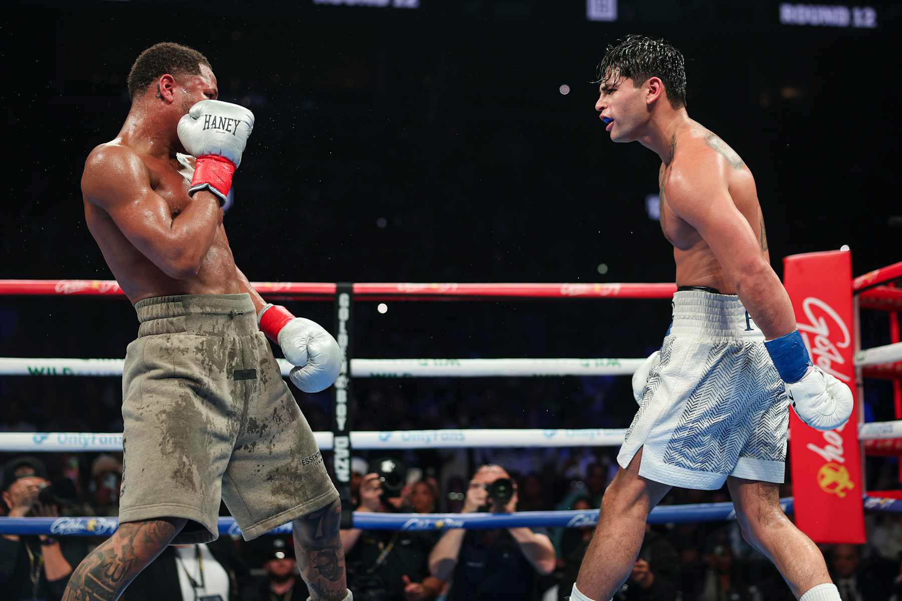 NEW YORK, NEW YORK - APRIL 20: Ryan Garcia reacts during a fight against Devin Haney at Barclays Center on April 20, 2024 in New York City. (Photo by Cris Esqueda/Golden Boy/Getty Images)