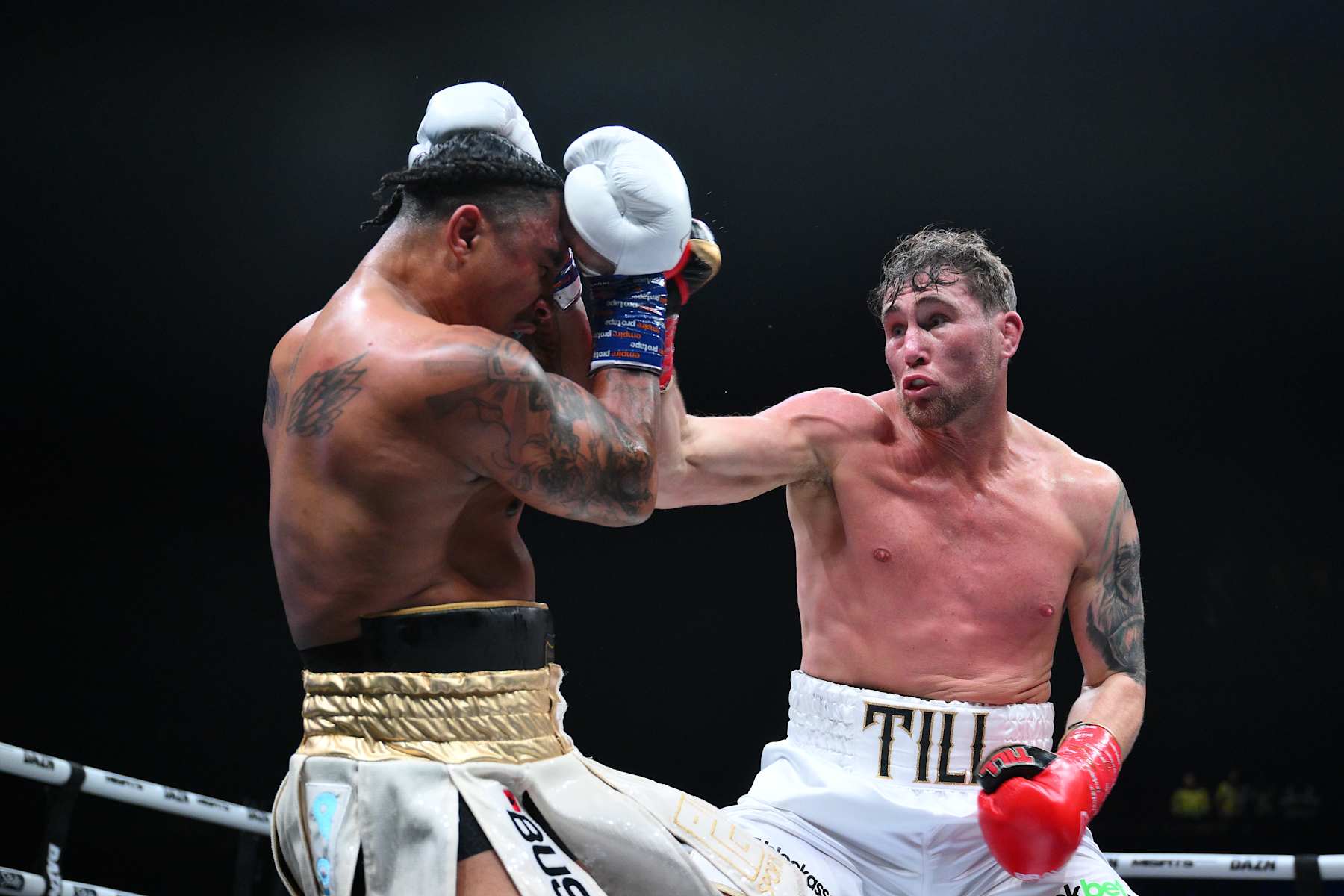 MANCHESTER, ENGLAND - JANUARY 18: Darren Till punches Anthony Taylor during their cruiserweight fight on the Misfits Boxing 30 Live fight card at Co-op Live on January 18, 2025 in Manchester, England. (Photo by Ben Roberts Photo/Getty Images)