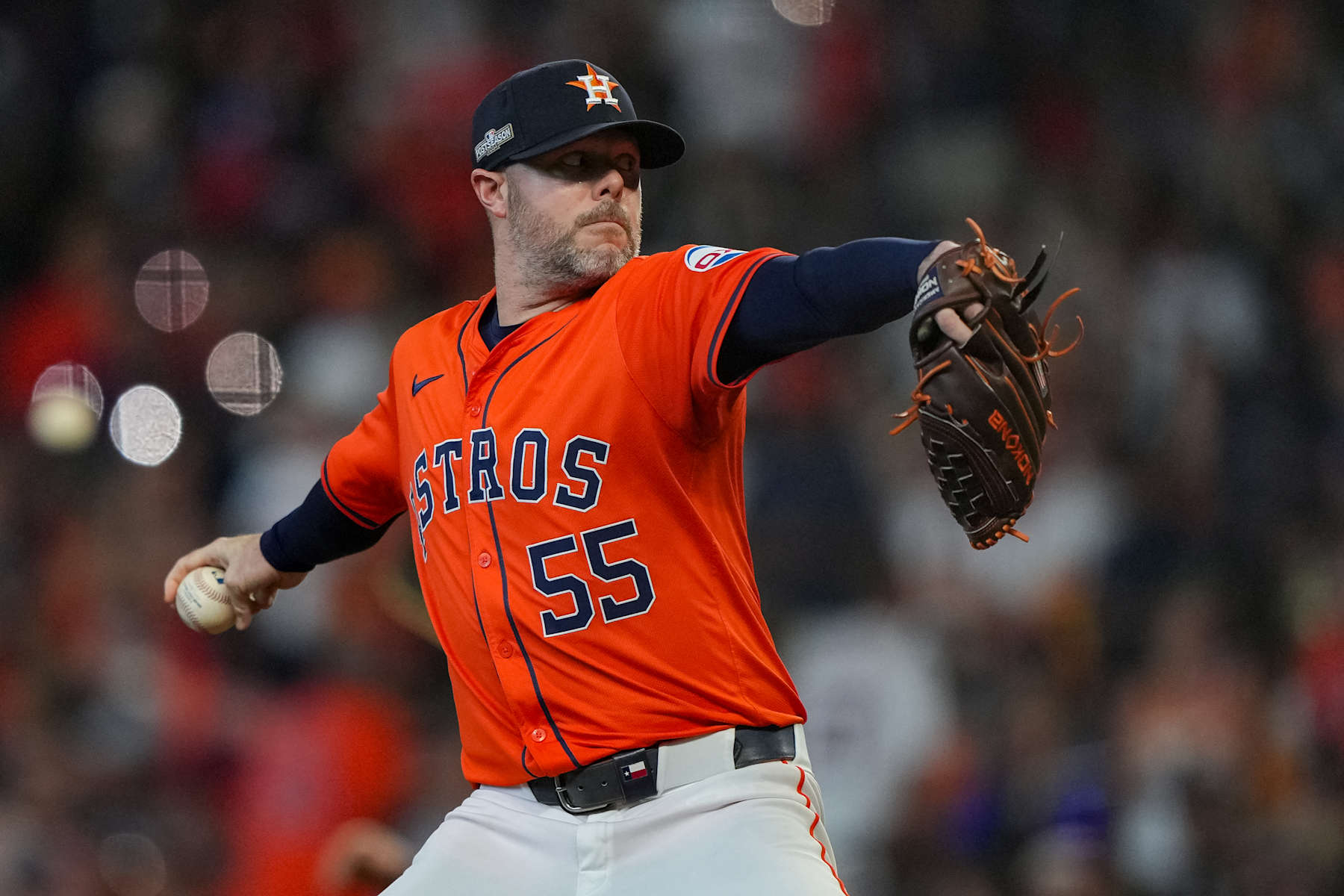 HOUSTON, TX - OCTOBER 02: Ryan Pressly #55 of the Houston Astros pitches during Game 2 of the Wild Card Series presented by T-Mobile 5G Home Internet between the Detroit Tigers and the Houston Astros at Minute Maid Park on Wednesday, October 2, 2024 in Houston, Texas. (Photo by Alex Bierens de Haan/MLB Photos via Getty Images)