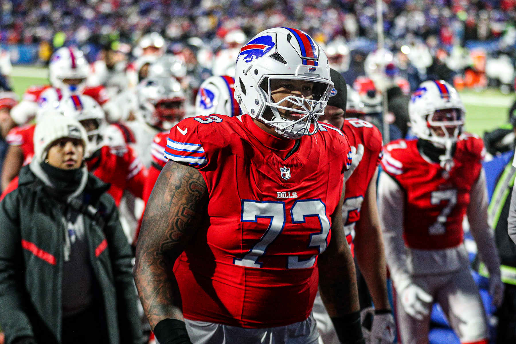 ORCHARD PARK, NEW YORK - DECEMBER 22: Dion Dawkins #73 of the Buffalo Bills looks on after the second quarter against the New England Patriots at Highmark Stadium on December 22, 2024 in Orchard Park, New York. (Photo by Bryan Bennett/Getty Images)