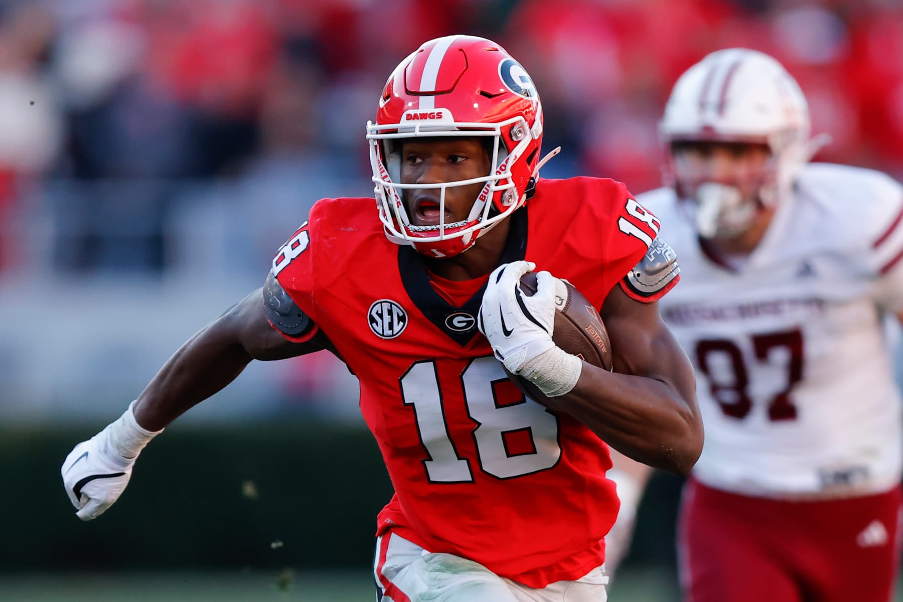 ATHENS, GEORGIA - NOVEMBER 23: Chris Cole #18 of the Georgia Bulldogs recovers a fumble and runs it back for a touchdown during the fourth quarter against the Massachusetts Minutemen at Sanford Stadium on November 23, 2024 in Athens, Georgia. (Photo by Todd Kirkland/Getty Images)