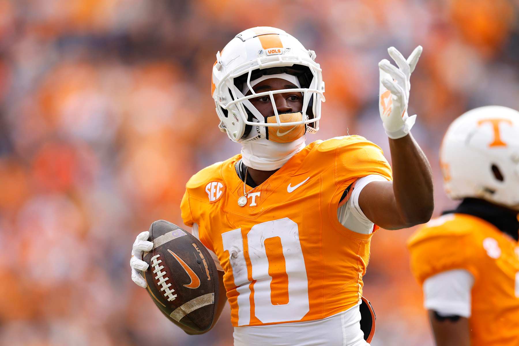 KNOXVILLE, TENNESSEE - NOVEMBER 23: Mike Matthews #10 of the Tennessee Volunteers celebrates after a first down catch during the first half of the game between the Tennessee Volunteers and the UTEP Miners at Neyland Stadium on November 23, 2024 in Knoxville, Tennessee. (Photo by Johnnie Izquierdo/Getty Images)