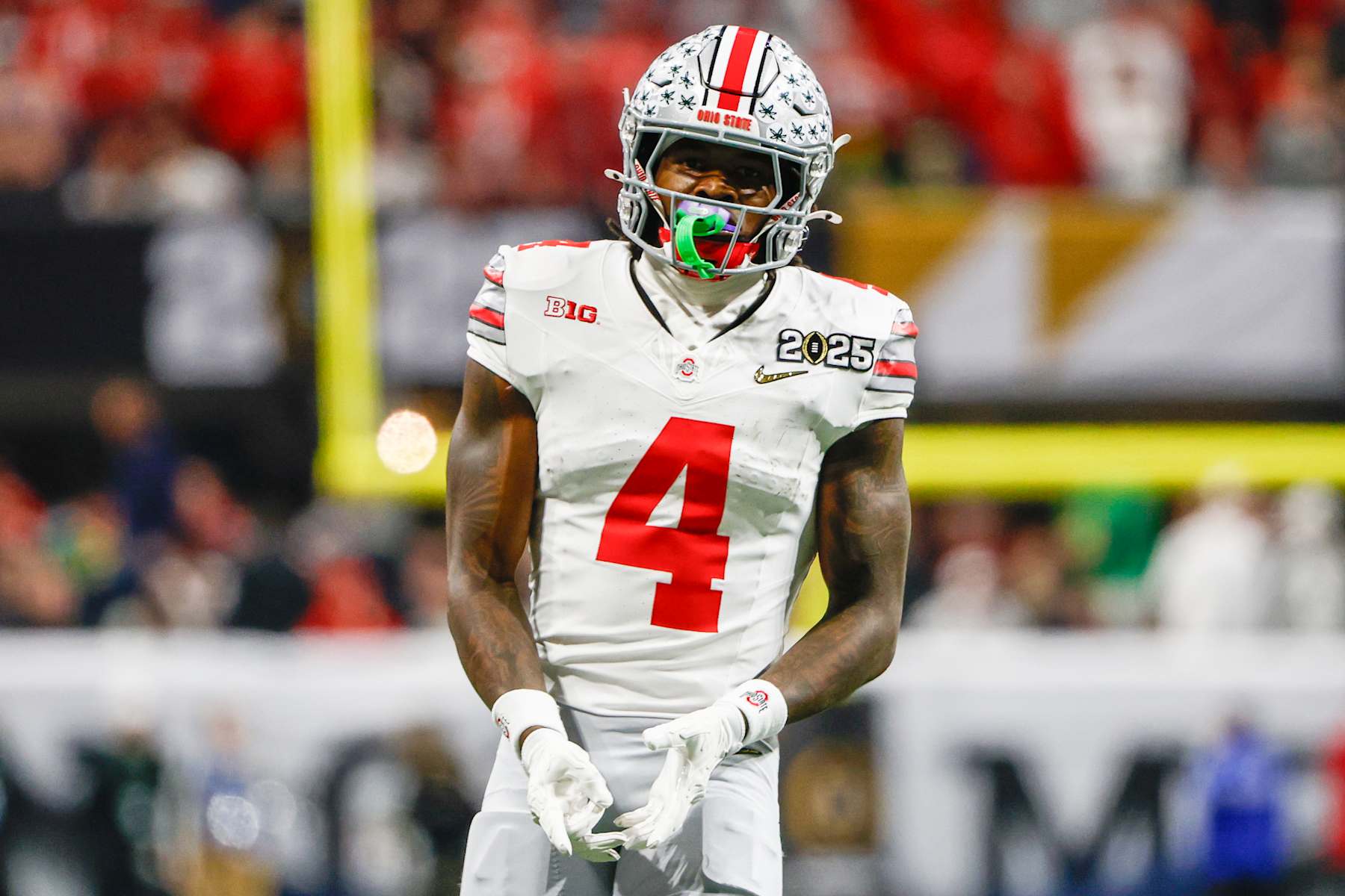ATLANTA, GEORGIA - JANUARY 20: Jeremiah Smith #4 of Ohio State lines up during the National Championship game between Ohio State and Notre Dame at Mercedes-Benz Stadium on January 20, 2025 in Atlanta, GA. (Photo by Michael Miller/ISI Photos/Getty Images)