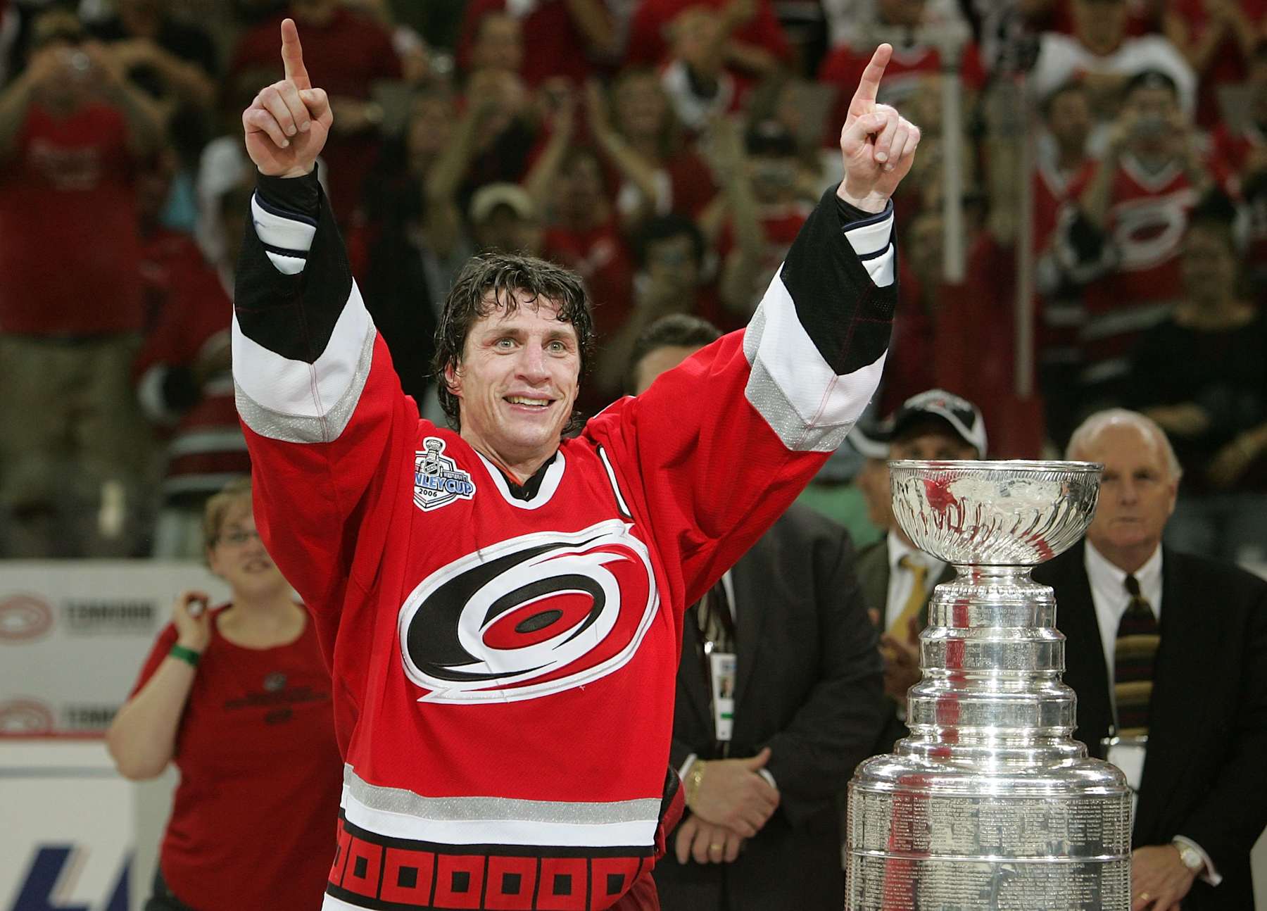 RALEIGH, NC - JUNE 19: Rod Brind'Amour #17 of the Carolina Hurricanes celebrates with the Stanley Cup after defeating the Edmonton Oilers in game seven of the 2006 NHL Stanley Cup Finals on June 19, 2006 at the RBC Center in Raleigh, North Carolina. The Hurricanes defeated the Oilers 3-1 to win the Stanley Cup finals 4 games to 3. (Photo by Jim McIsaac/Getty Images)