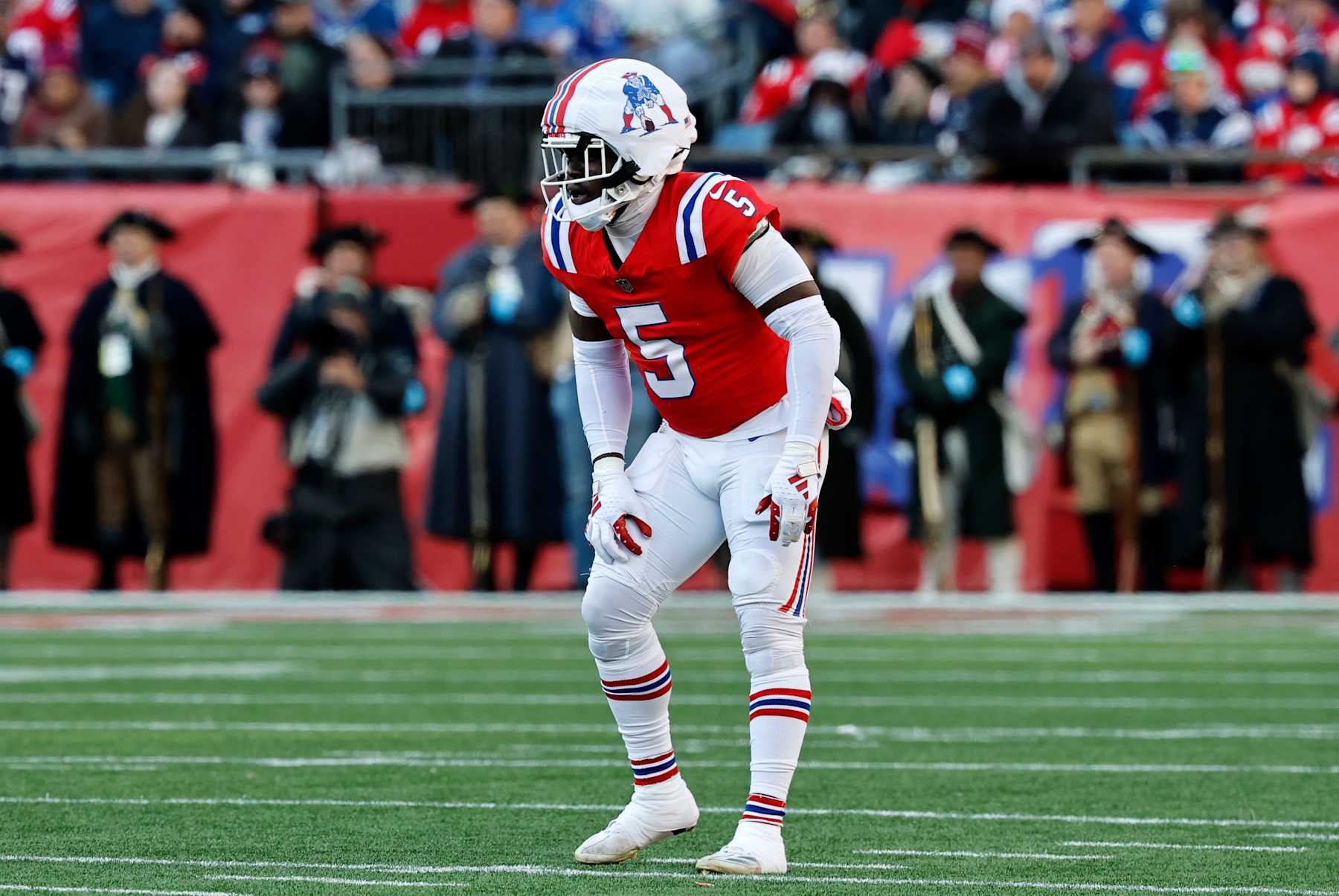 FOXBOROUGH, MA - DECEMBER 01: New England Patriots defensive back Jabrill Peppers (5) during a game between the New England Patriots and the Indianapolis Colts on December 1, 2024, at Gillette Stadium in Foxborough, Massachusetts. (Photo by Fred Kfoury III/Icon Sportswire via Getty Images)