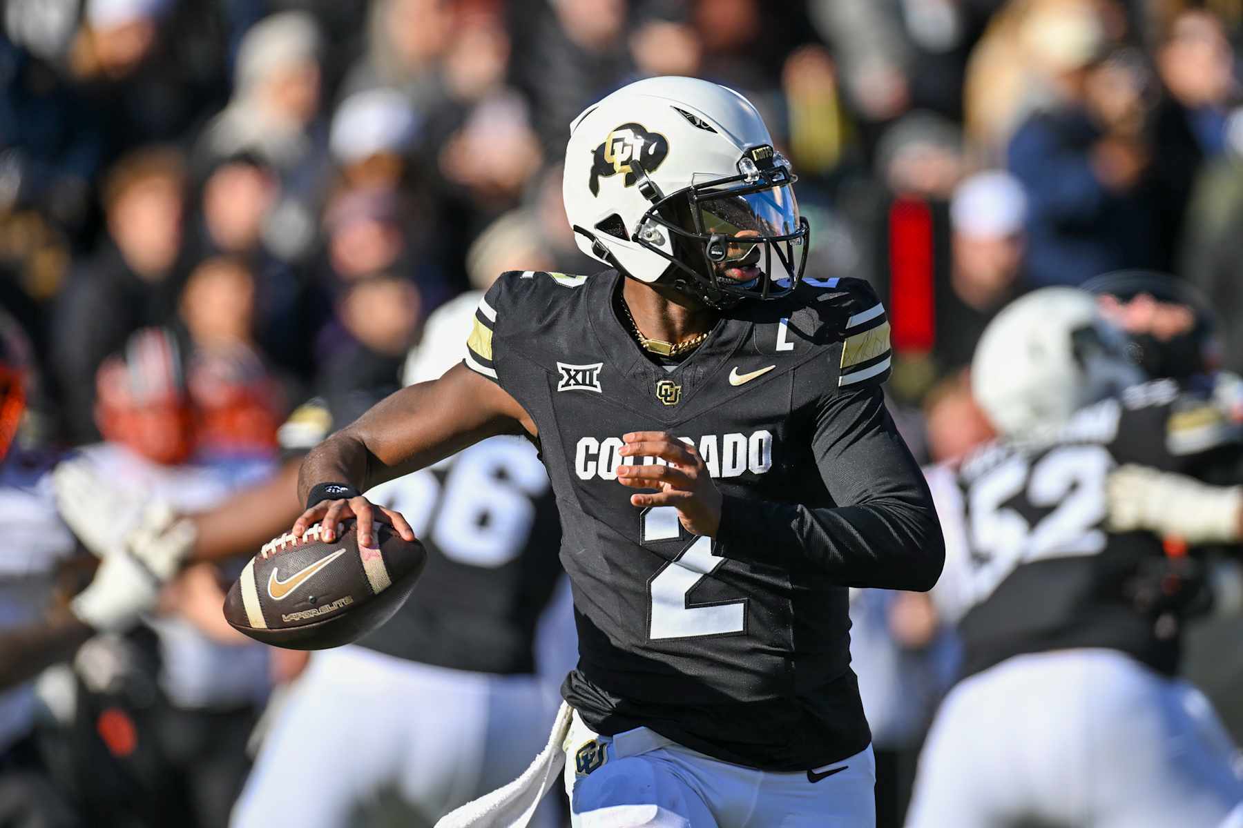BOULDER, CO - NOVEMBER 29: Colorado quarterback Shedeur Sanders (2) in action during the college football game between the Oklahoma State University Cowboys and the University of Colorado Buffaloes on November 29, 2024 at Folsom Field in Boulder, CO. (Photo by Kevin Langley/Icon Sportswire via Getty Images)