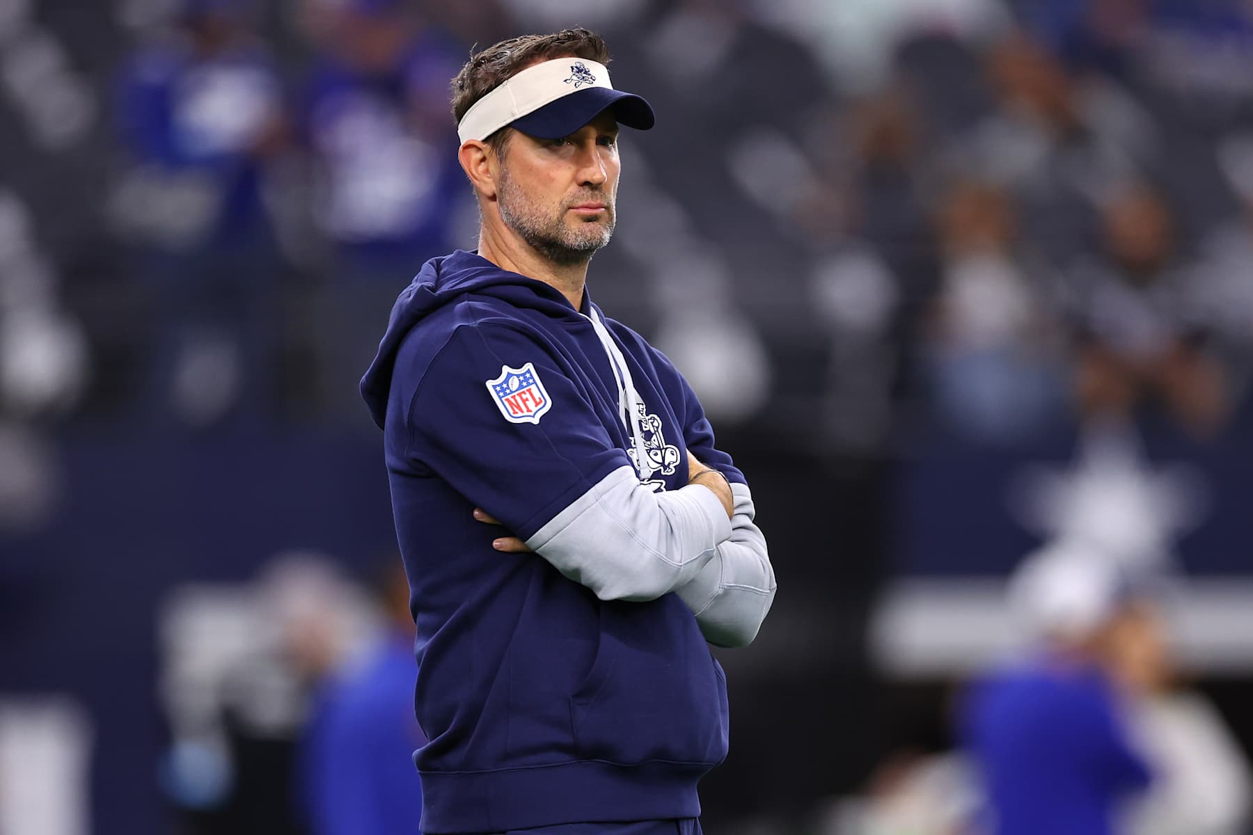 ARLINGTON, TEXAS - NOVEMBER 28: Dallas Cowboys offensive coordinator Brian Schottenheimer looks on prior to the game against the New York Giants at AT&T Stadium on November 28, 2024 in Arlington, Texas. (Photo by Sam Hodde/Getty Images)