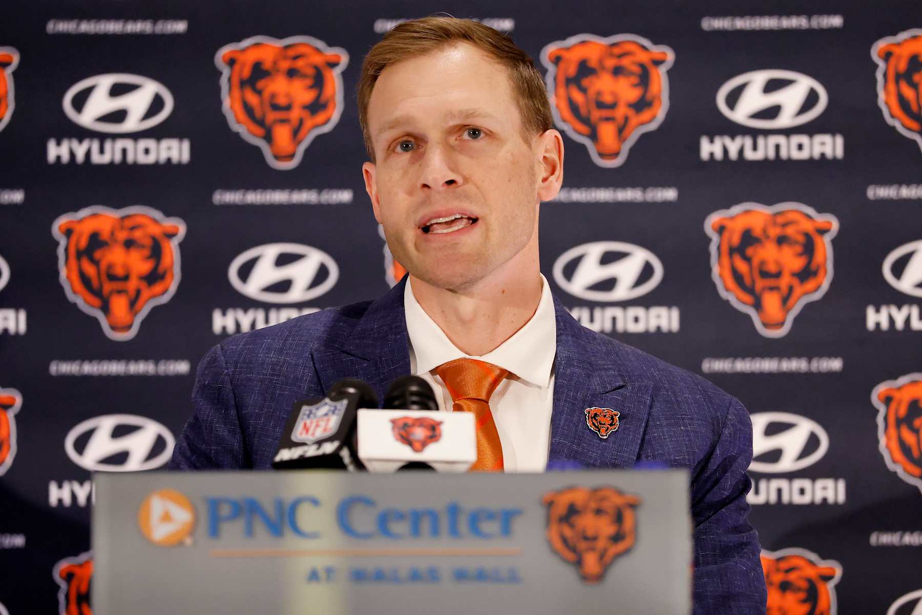 LAKE FOREST, ILLINOIS - JANUARY 22: Newly named head coach Ben Johnson of the Chicago Bears speaks to the media during a introductory press conference at PNC Center at Halas Hall on January 22, 2025 in Lake Forest, Illinois. (Photo by Michael Reaves/Getty Images)