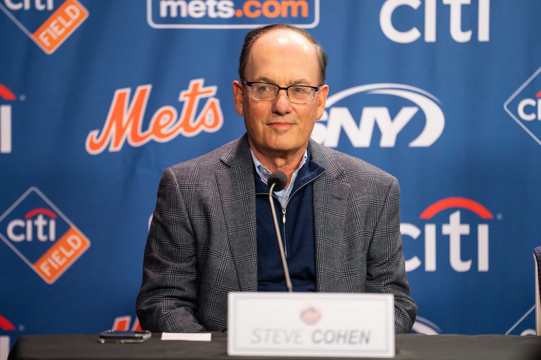 NEW YORK, NY - DECEMBER 12: New York Mets owner Steve Cohen speaks to the media during the Juan Soto introductory press conference  at Citi Field on Thursday, December 12, 2024 in New York, New York. (Photo by Mary DeCicco/MLB Photos via Getty Images)