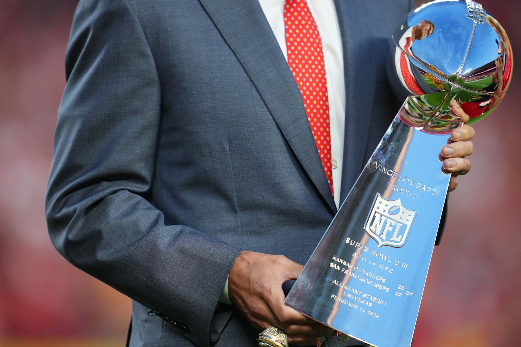 KANSAS CITY, MO - SEPTEMBER 05: Detailed view of the Vince Lombardi Trophy prior to an NFL football game between the Baltimore Ravens and the Kansas City Chiefs at GEHA Field at Arrowhead Stadium on September 5, 2024 in Kansas City, California. (Photo by Cooper Neill/Getty Images)