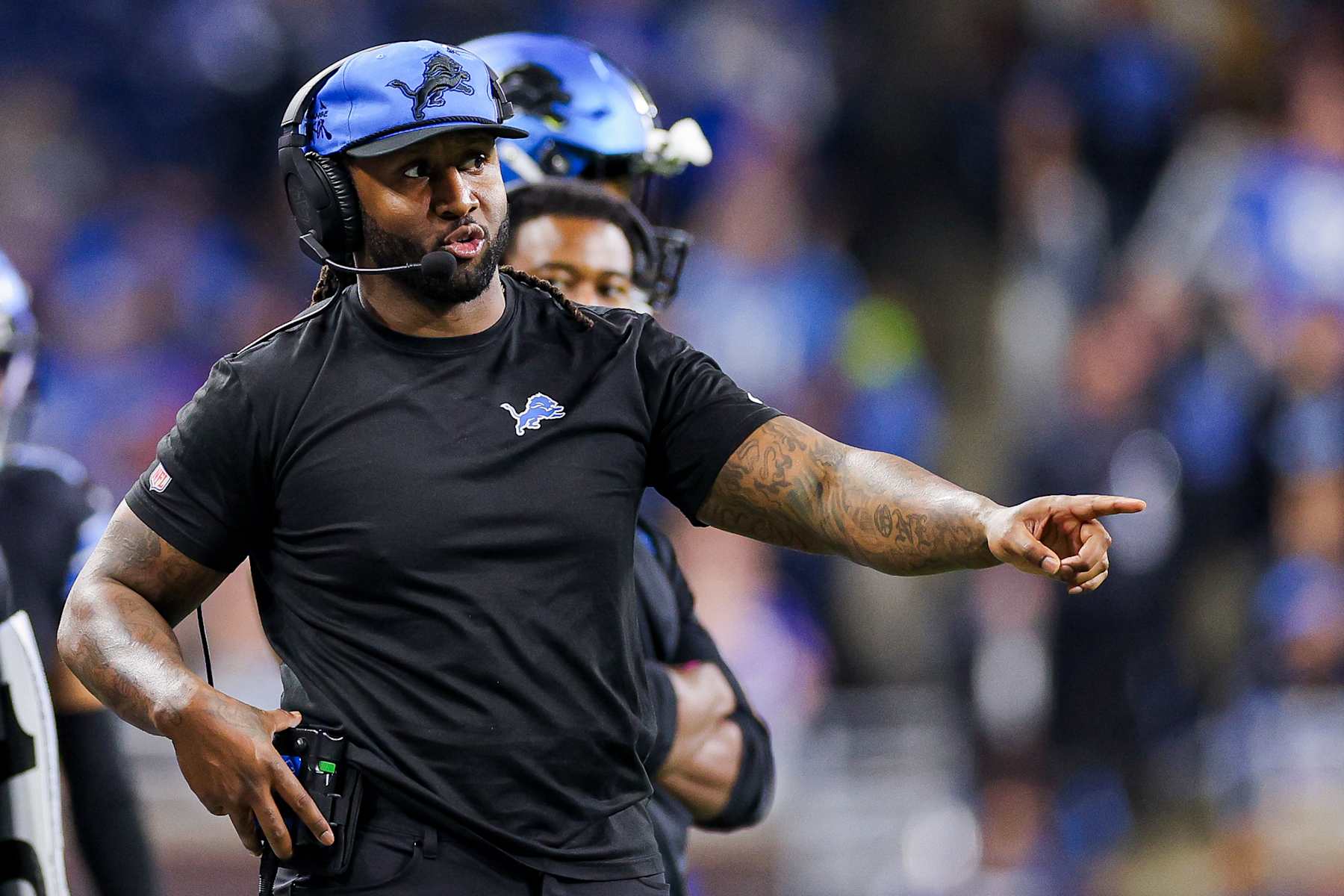 DETROIT, MICHIGAN - DECEMBER 15: Linebackers coach Kelvin Sheppard of the Detroit Lions looks on during the second half of a game against the Buffalo Bills at Ford Field on December 15, 2024 in Detroit, Michigan. (Photo by Mike Mulholland/Getty Images)
