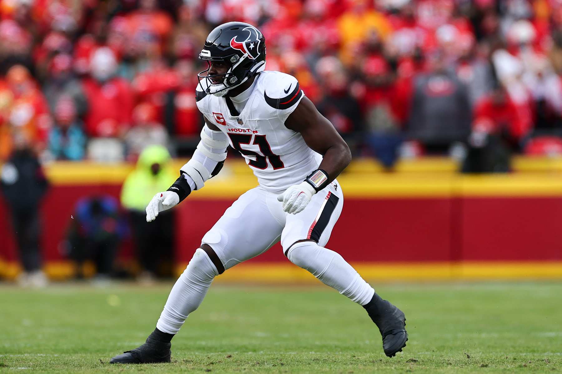 KANSAS CITY, MISSOURI - JANUARY 18: Will Anderson Jr. #51 of the Houston Texans drops into coverage during the first half of the AFC Divisional playoff game against the Kansas City Chiefs at GEHA Field at Arrowhead Stadium on January 18, 2025 in Kansas City, Missouri. (Photo by Aaron M. Sprecher/Getty Images)