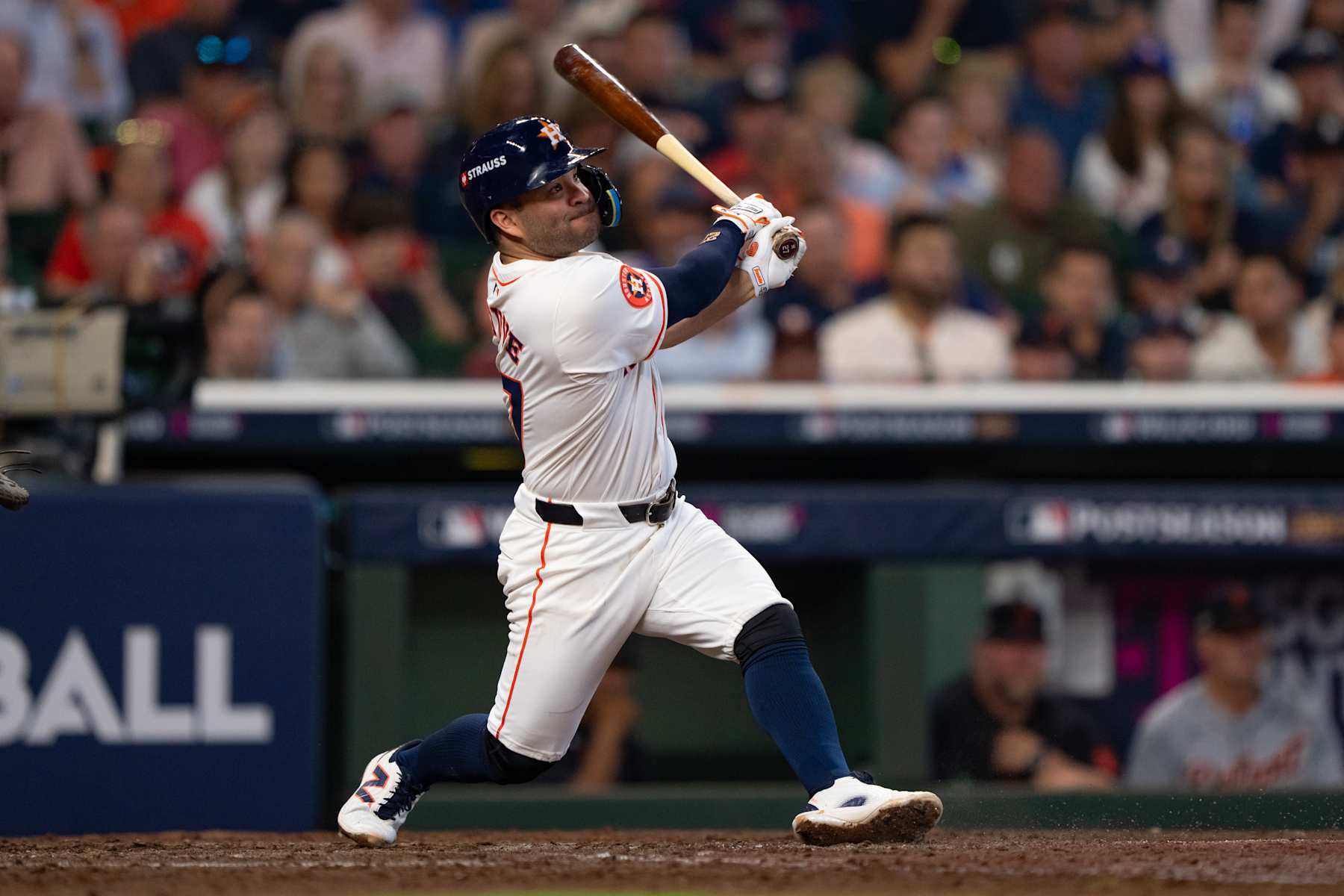 HOUSTON, TX - OCTOBER 01: Jose Altuve #27 of the Houston Astros bats during Game 1 of the Wild Card Series presented by T-Mobile 5G Home Internet between the Detroit Tigers and the Houston Astros at Minute Maid Park on Tuesday, October 1, 2024 in Houston, Texas. (Photo by Alex Bierens de Haan/MLB Photos via Getty Images)