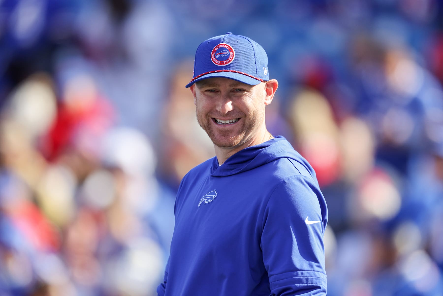 ORCHARD PARK, NEW YORK - NOVEMBER 03: Offensive Coordinator Joe Brady of the Buffalo Bills looks on prior to a game against the Miami Dolphins at Highmark Stadium on November 03, 2024 in Orchard Park, New York. (Photo by Bryan Bennett/Getty Images)