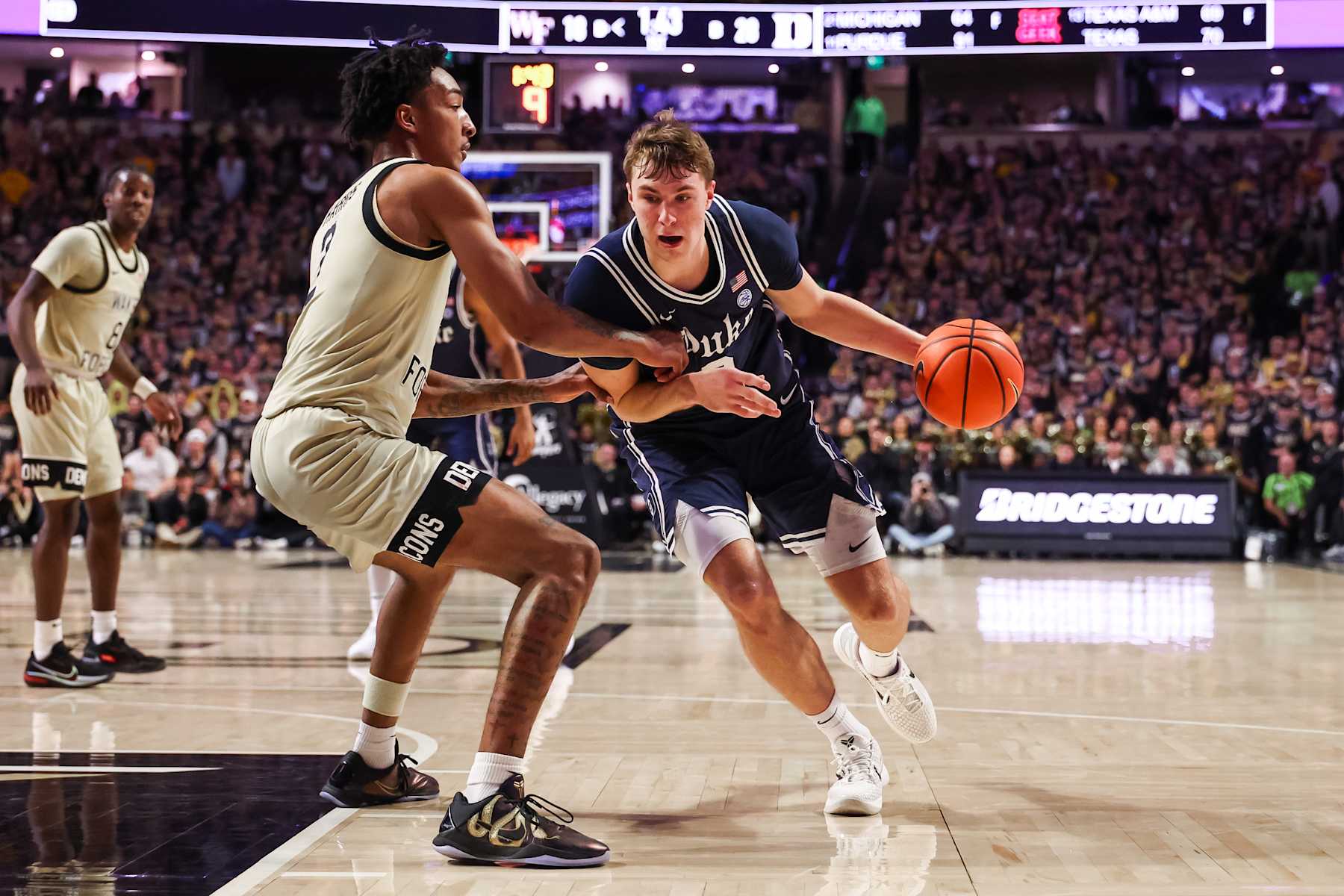 WINSTON SALEM, NORTH CAROLINA - JANUARY 25: Cooper Flagg #2 of the Duke Blue Devils drives to the basket during the first half of a basketball game against the Wake Forest Demon Deacons at Lawrence Joel Veterans Memorial Coliseum on January 25, 2025 in Winston Salem, North Carolina. (Photo by David Jensen/Getty Images)