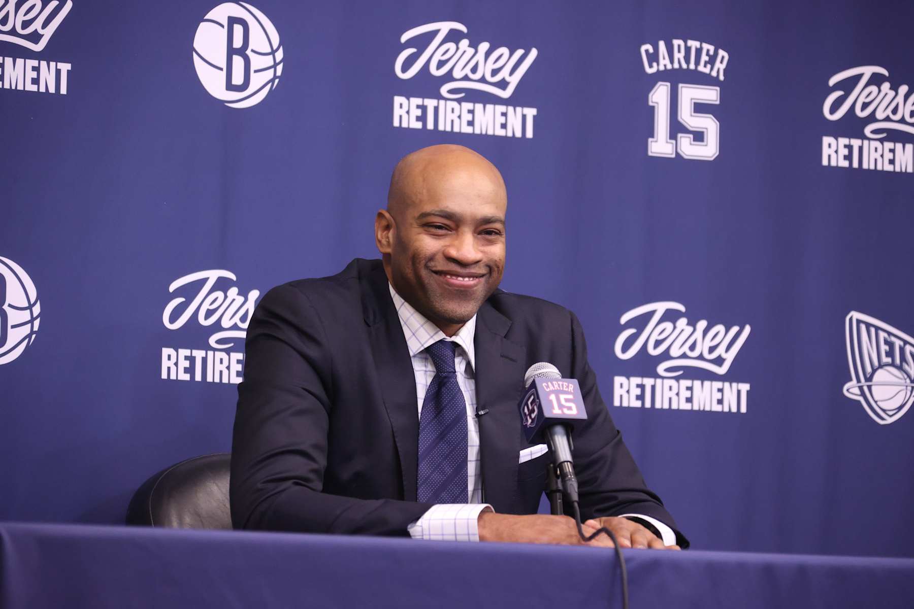BROOKLYN, NY - JANUARY 25: Vince Carter speaks at a press conference before the game between the Miami Heat and the Brooklyn Nets on January 25, 2025 at Barclays Center in Brooklyn, New York. NOTE TO USER: User expressly acknowledges and agrees that, by downloading and or using this Photograph, user is consenting to the terms and conditions of the Getty Images License Agreement. Mandatory Copyright Notice: Copyright 2025 NBAE (Photo by Nathaniel S. Butler/NBAE via Getty Images)
