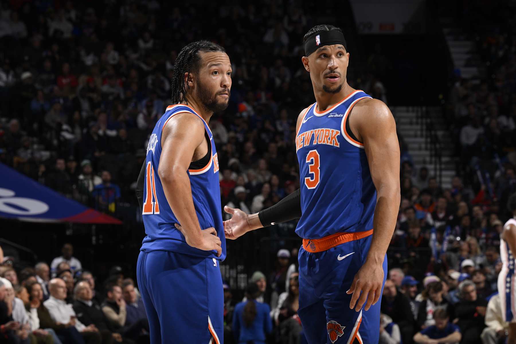 PHILADELPHIA, PA - JANUARY 15: Jalen Brunson #11 and Josh Hart #3 of the New York Knicks look on during the game against the Philadelphia 76ers on January 15, 2025 at the Wells Fargo Center in Philadelphia, Pennsylvania NOTE TO USER: User expressly acknowledges and agrees that, by downloading and/or using this Photograph, user is consenting to the terms and conditions of the Getty Images License Agreement. Mandatory Copyright Notice: Copyright 2025 NBAE (Photo by David Dow/NBAE via Getty Images)