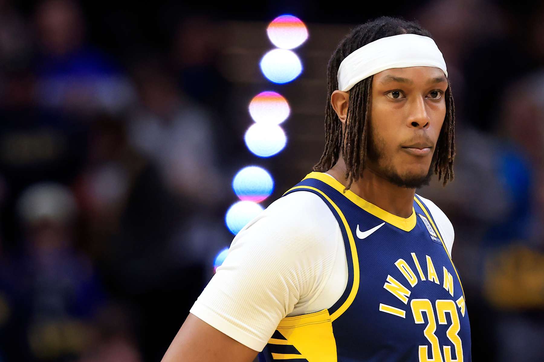 INDIANAPOLIS, INDIANA - JANUARY 14: Myles Turner #33 of the Indiana Pacers looks on prior to the game against the Cleveland Cavaliers at Gainbridge Fieldhouse on January 14, 2025 in Indianapolis, Indiana. NOTE TO USER: User expressly acknowledges and agrees that, by downloading and or using this photograph, User is consenting to the terms and conditions of the Getty Images License Agreement. (Photo by Justin Casterline/Getty Images)
