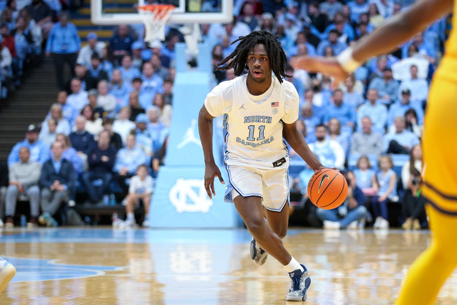 CHAPEL HILL, NC - JANUARY 15: North Carolina Tar Heels guard Ian Jackson (11) runs the point during the college basketball game between the North Carolina Tar Heels and the California Golden Bears on January 15, 2025 at the Dean Smith Center in Chapel Hill, NC. (Photo by Nicholas Faulkner/Icon Sportswire via Getty Images)