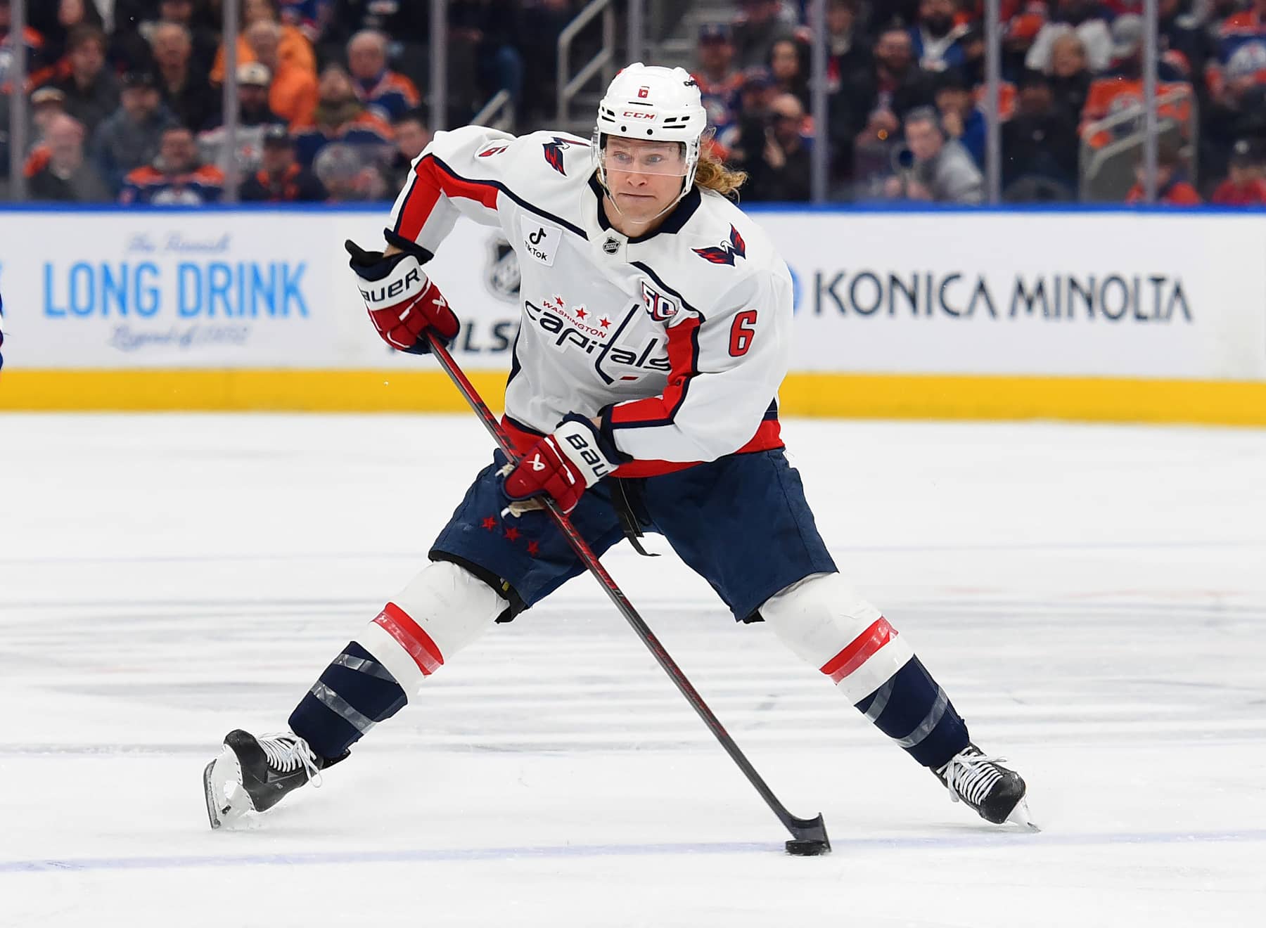 EDMONTON, CANADA - JANUARY 21: Jakob Chychrun #6 of the Washington Capitals in action during the game against the Edmonton Oilers at Rogers Place on January 21, 2025, in Edmonton, Alberta, Canada. (Photo by Leila Devlin/Getty Images)