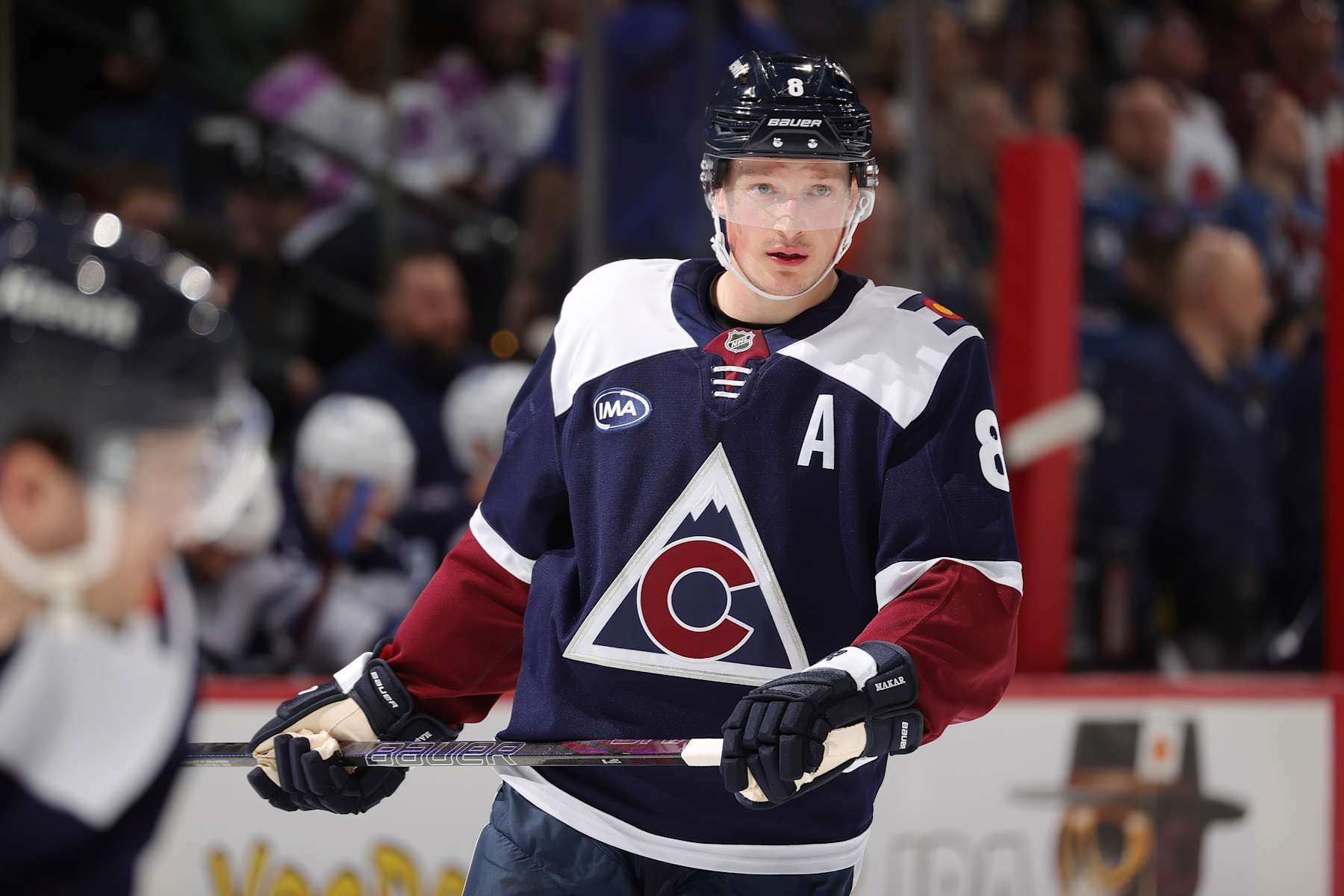 DENVER, COLORADO - JANUARY 22: Cale Makar #8 of the Colorado Avalanche skates during a pause in play against the Winnipeg Jets at Ball Arena on January 22, 2025 in Denver, Colorado. (Photo by Michael Martin/NHLI via Getty Images)
