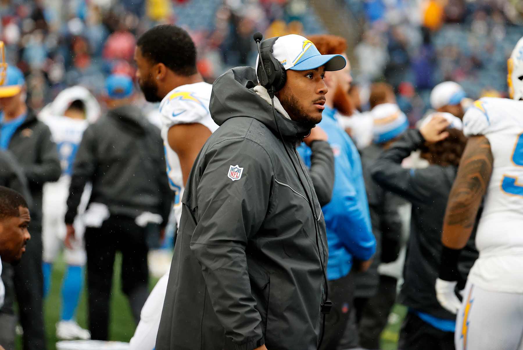 FOXBOROUGH, MA - DECEMBER 03: Los Angeles Chargers tight ends coach Kevin Koger before a game between the New England Patriots and the Los Angeles Chargers on December 3, 2023, at Gillette Stadium in Foxborough, Massachusetts. (Photo by Fred Kfoury III/Icon Sportswire via Getty Images)