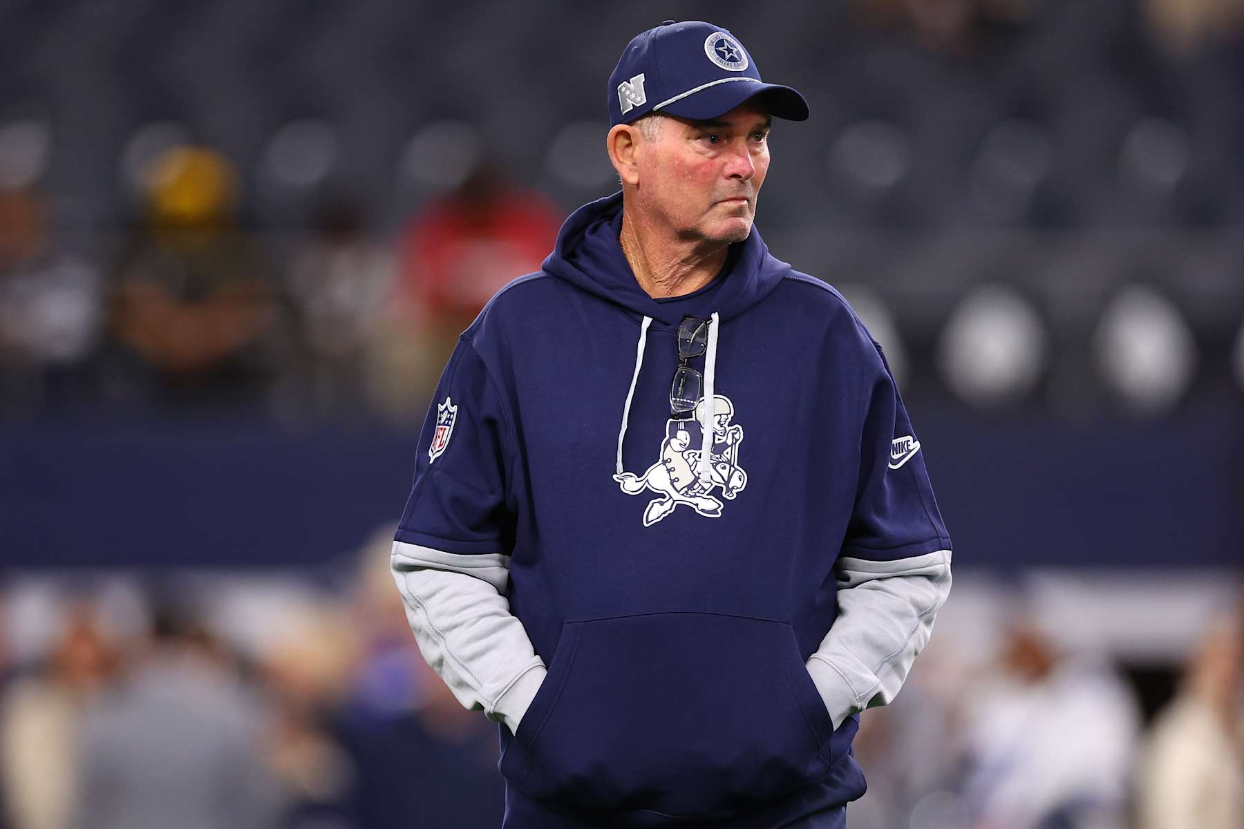 ARLINGTON, TEXAS - NOVEMBER 28: Dallas Cowboys defensive coordinator Mike Zimmer looks on prior to the game against the New York Giants at AT&T Stadium on November 28, 2024 in Arlington, Texas. (Photo by Sam Hodde/Getty Images)