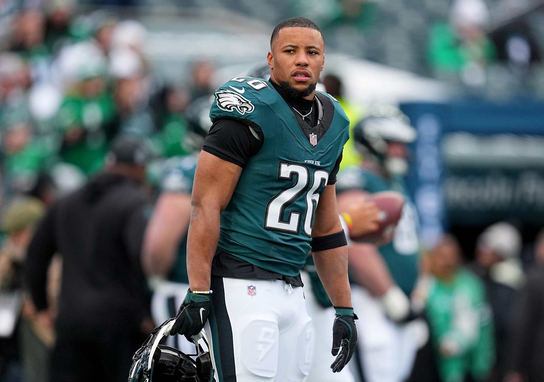 PHILADELPHIA, PENNSYLVANIA - JANUARY 26: Saquon Barkley #26 of the Philadelphia Eagles looks on prior to the NFC Championship Game against the Washington Commanders at Lincoln Financial Field on January 26, 2025 in Philadelphia, Pennsylvania.  (Photo by Mitchell Leff/Getty Images)