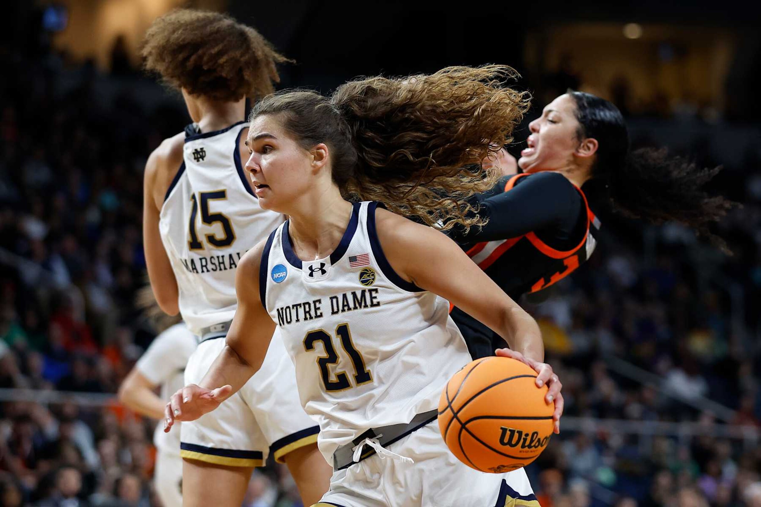 ALBANY, NEW YORK - MARCH 29: Maddy Westbeld #21 of the Notre Dame Fighting Irish handles the ball against Timea Gardiner #30 of the Oregon State Beavers during the second half in the Sweet 16 round of the NCAA Women's Basketball Tournament at MVP Arena on March 29, 2024 in Albany, New York. (Photo by Sarah Stier/Getty Images)