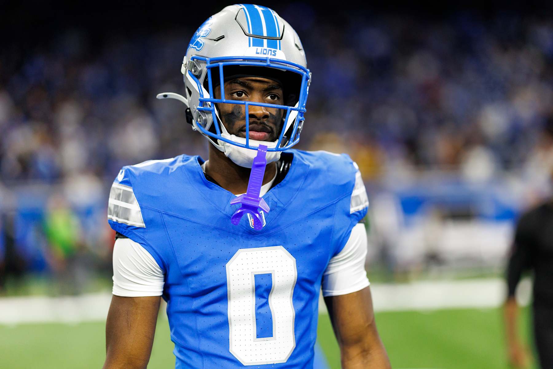 DETROIT, MICHIGAN - JANUARY 18: Cornerback Terrion Arnold #0 of the Detroit Lions stands on the field prior to the NFC Divisional Playoff game against the Washington Commanders, at Ford Field on January 18, 2025 in Detroit, Michigan. (Photo by Brooke Sutton/Getty Images)