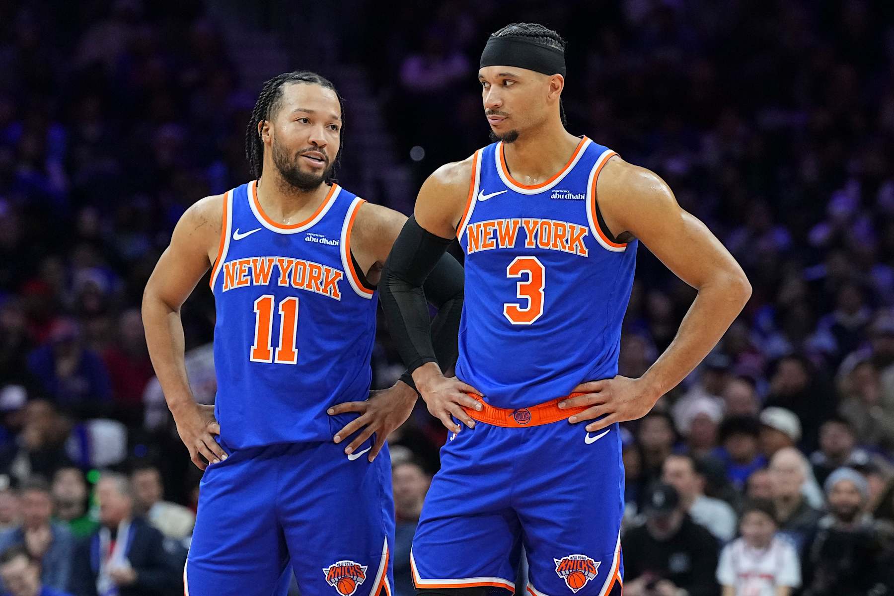 PHILADELPHIA, PENNSYLVANIA - JANUARY 15: Jalen Brunson #11 and Josh Hart #3 of the New York Knicks look on against the Philadelphia 76ers at the Wells Fargo Center on January 15, 2025 in Philadelphia, Pennsylvania. The Knicks defeated the 76ers 125-119 in overtime. NOTE TO USER: User expressly acknowledges and agrees that, by downloading and/or using this photograph, user is consenting to the terms and conditions of the Getty Images License Agreement. (Photo by Mitchell Leff/Getty Images)