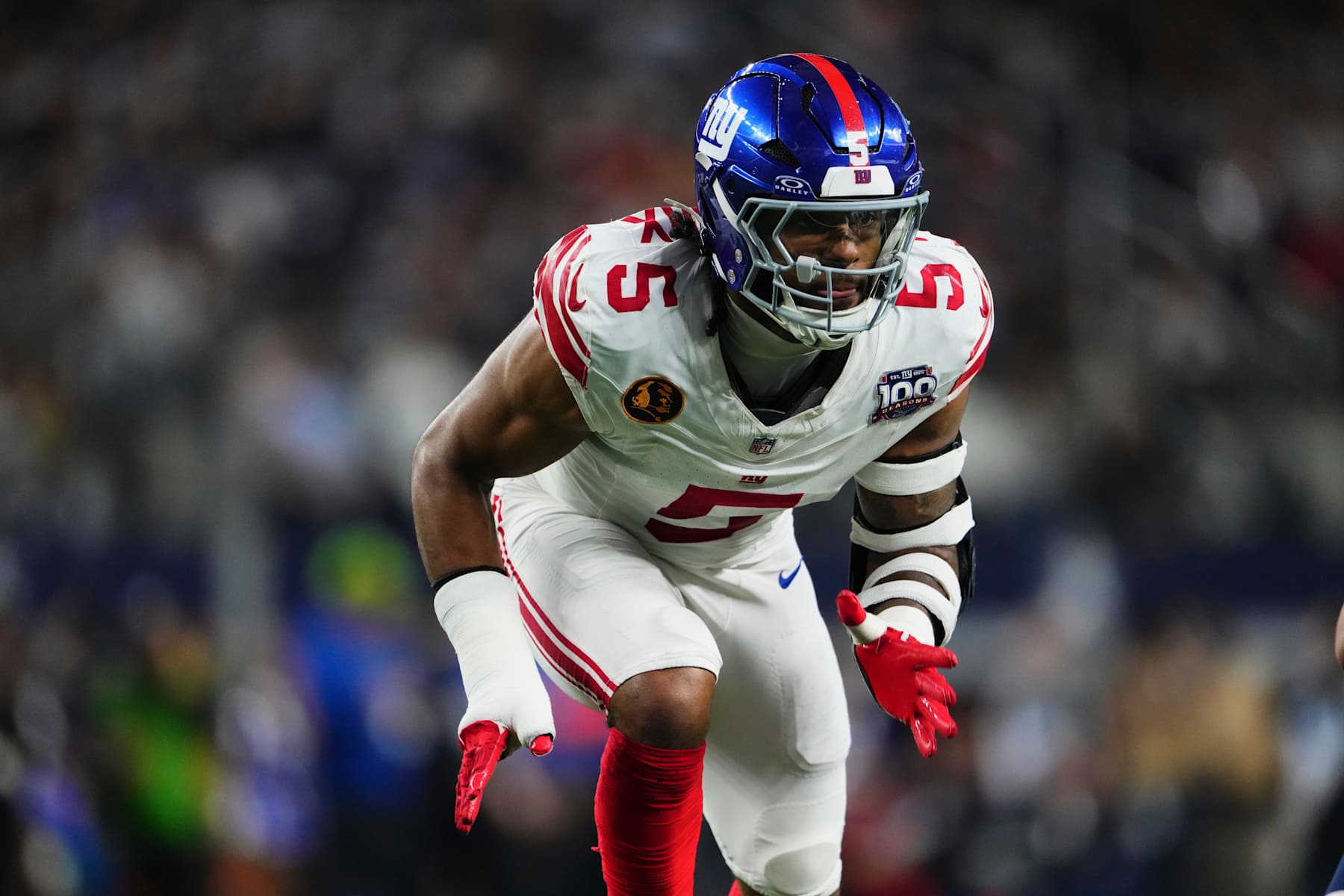 ARLINGTON, TX - NOVEMBER 28: Kayvon Thibodeaux #5 of the New York Giants defends against the Dallas Cowboys during an NFL football game at AT&T Stadium on November 28, 2024 in Arlington, Texas. (Photo by Cooper Neill/Getty Images)