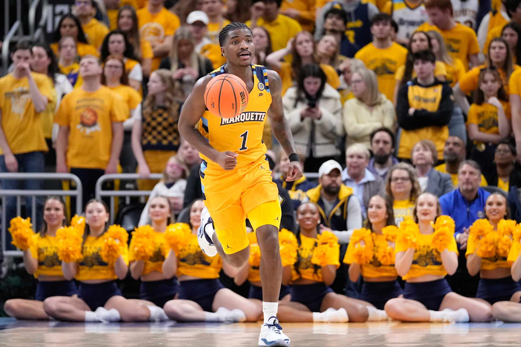 MILWAUKEE, WISCONSIN - JANUARY 24: Kam Jones #1 of the Marquette Golden Eagles handles the ball during the first half against the Villanova Wildcats at Fiserv Forum on January 24, 2025 in Milwaukee, Wisconsin. (Photo by Kayla Wolf/Getty Images)