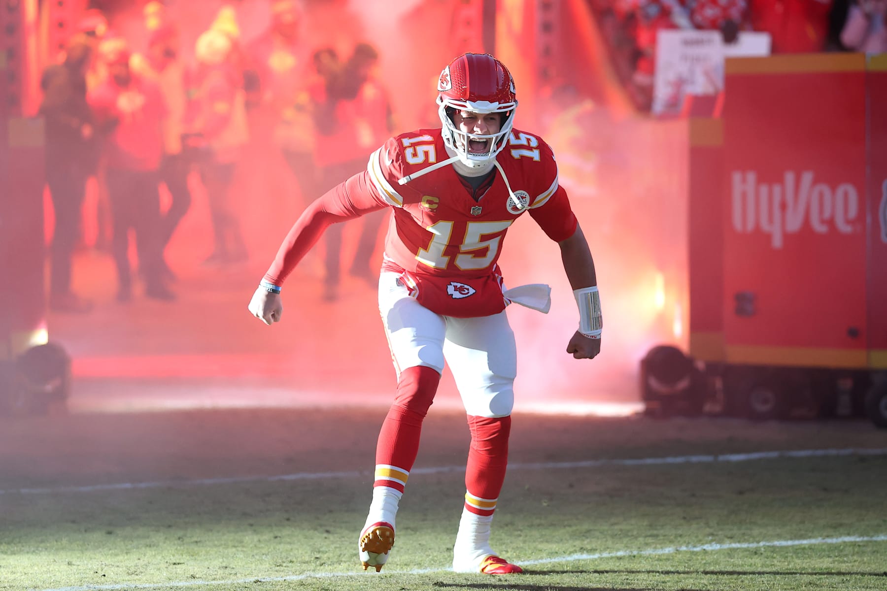 KANSAS CITY, MISSOURI - JANUARY 26: Patrick Mahomes #15 of the Kansas City Chiefs reacts as he runs onto the field prior to the AFC Championship Game against the Buffalo Bills at GEHA Field at Arrowhead Stadium on January 26, 2025 in Kansas City, Missouri. (Photo by Jamie Squire/Getty Images)